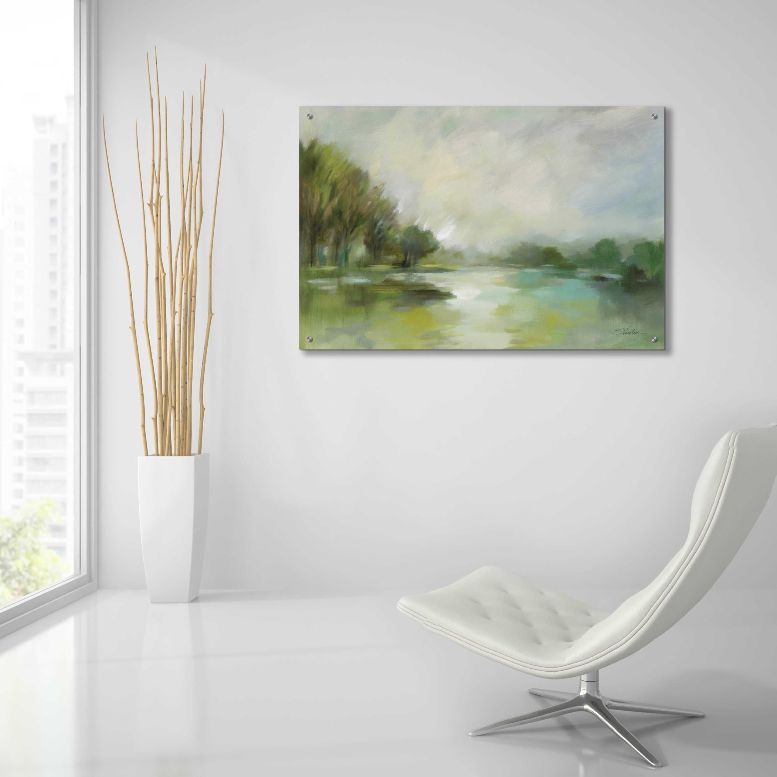 Silvia Vassileva 'Lakeside Fog' Acrylic Glass Wall Art - 36x24 Inches Modern Abstract Painting for Living Room, Bedroom & Office Decor