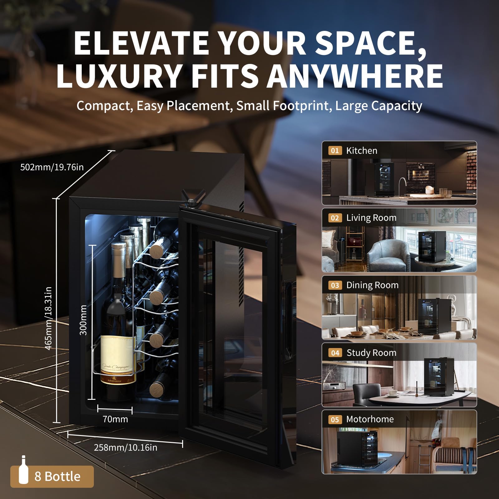 NEEDONE 8-Bottle Wine Cooler - Thermoelectric Wine Fridge with Quiet Fast Cooling, Built-in Wine Rack for Red, White & Sparkling Wines | Energy Efficient Wine Cellar Cabinet | Perfect Gift for Wine Lovers (Men & Women) | Ideal for Home Bars, Kitchens & Entertaining
