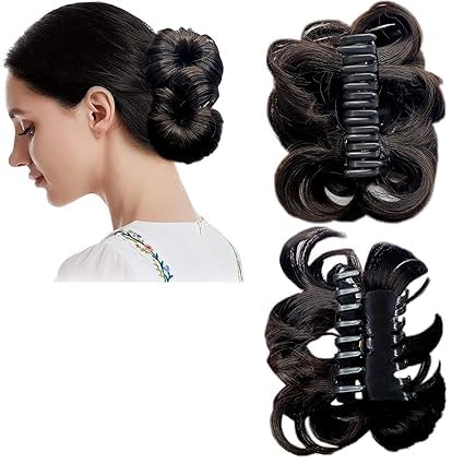 RUBELA Small Bun Clutcher with 4 Hair Flowers - Women's Hair Styling Tool for DIY Updos, Buns & Braids | Artificial Hair Bun Juda Holder | Black Hair Extension Accessory for Parties, Weddings & Everyday Wear