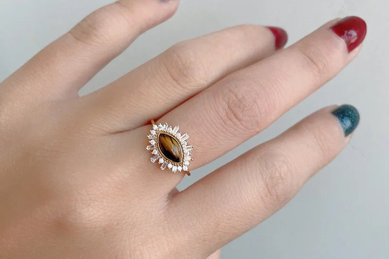 925 Sterling Silver 14K Gold Plated Natural Tiger Eye Crystal Ring & Necklace Set for Women | Elegant Jewelry Gift for Birthday, Anniversary, Valentine's Day | HJZB 305
