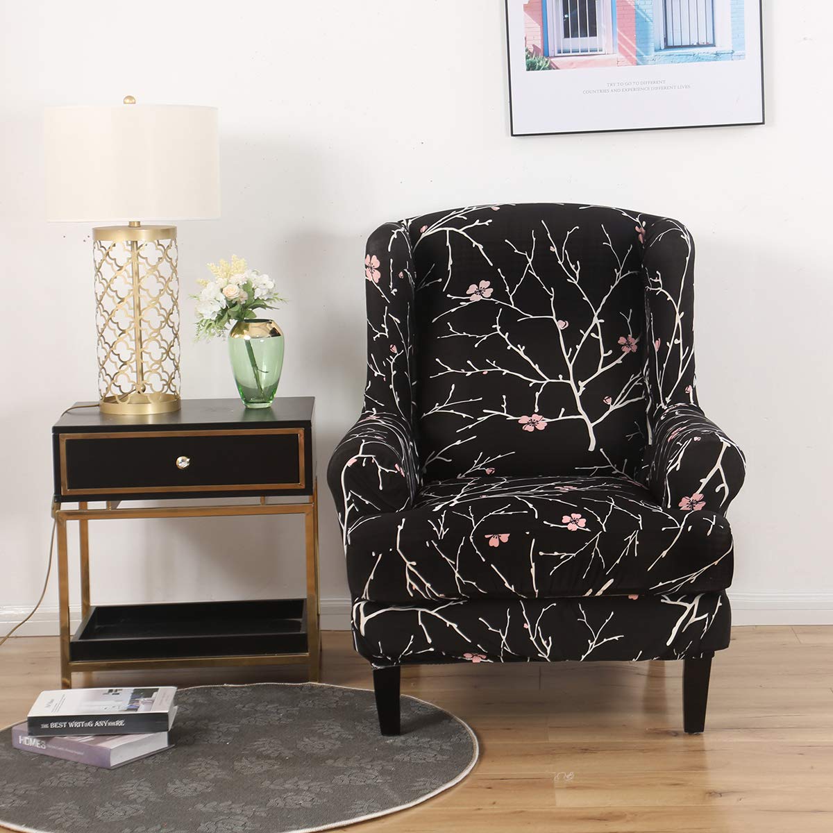 Stretchable Wingback Chair Slipcovers 2-Piece Set - Spandex Furniture Protector with Armrests | Washable Sofa Covers for Living Room, Bedroom & Office (Printed-14)