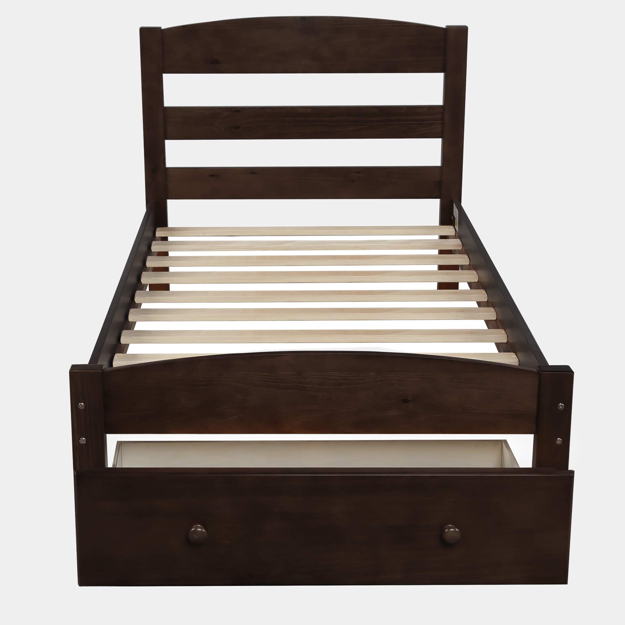 Polibi Twin Size Wooden Platform Bed Frame with Storage Drawer & Wood Slat Support - No Box Spring Needed, Espresso Finish - Perfect for Small Bedrooms, Guest Rooms & Kids' Rooms