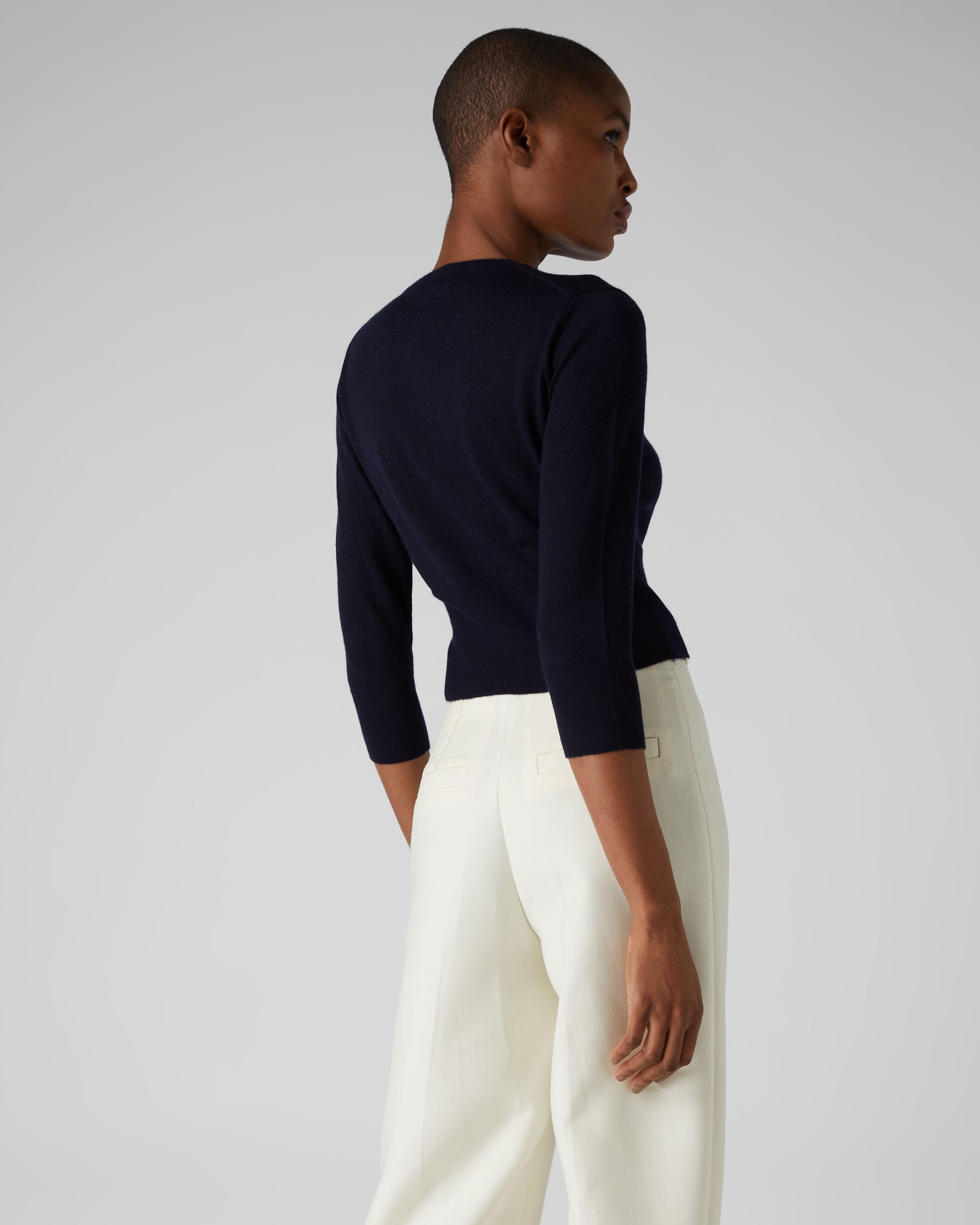 Women's Darcie Superfine Cashmere Cropped Cardigan Sweater - Navy Blue Cashmere Pullover for Fall & Winter - Perfect for Office, Date Night and Casual Outfits