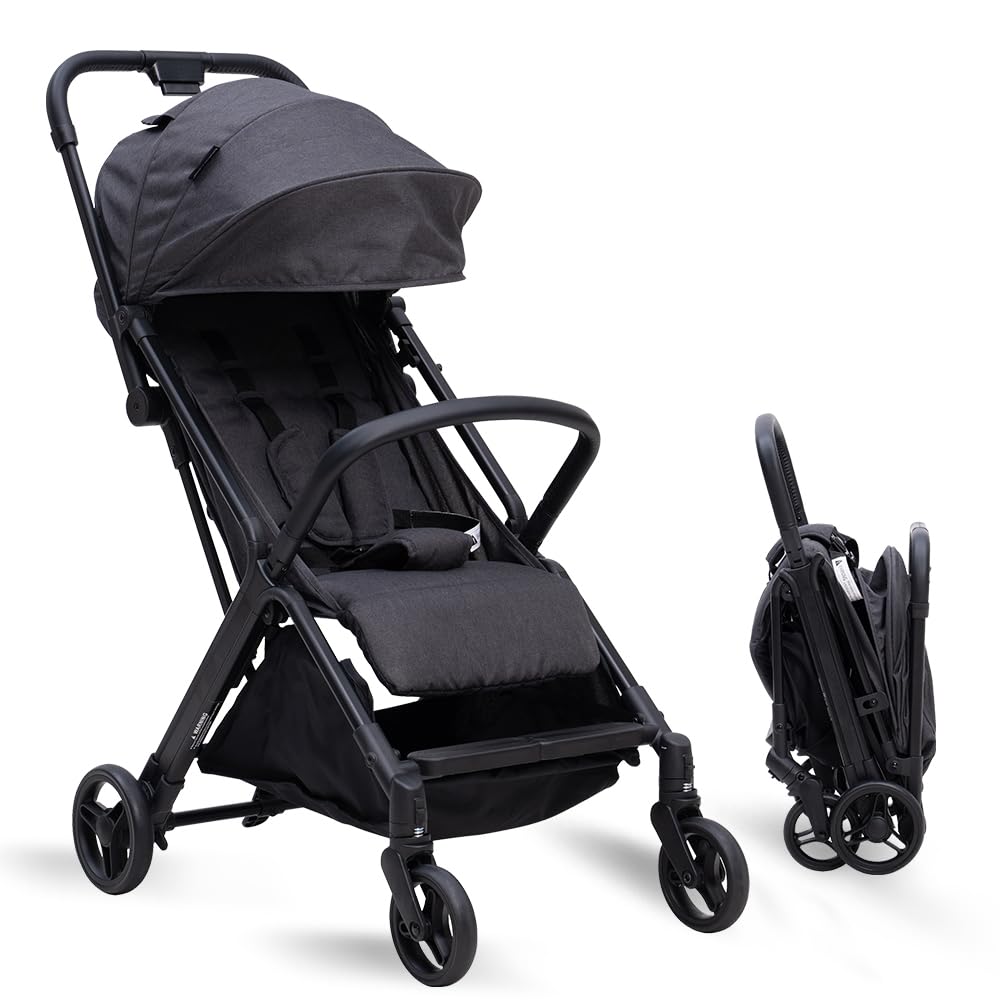 COOL KIDS Lightweight Travel Stroller - Automatic Fold Umbrella Stroller with Adjustable Sun Canopy | Compact Baby Stroller for Airplane Travel, Shopping & Daily Use (Black)
