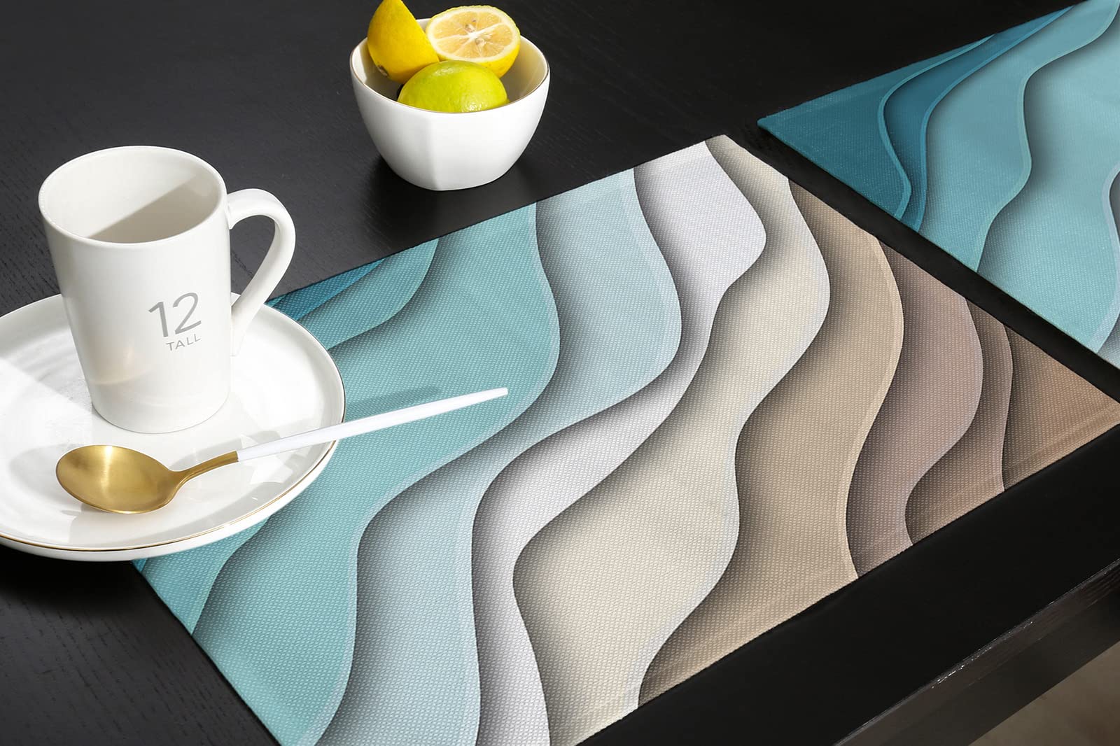 Modern Geometric Placemats Set of 6 - Teal Blue Ombre Abstract Washable Table Mats for Dining Room & Kitchen Decor - Perfect for Dinner Parties, Holiday Gatherings, and Everyday Meals