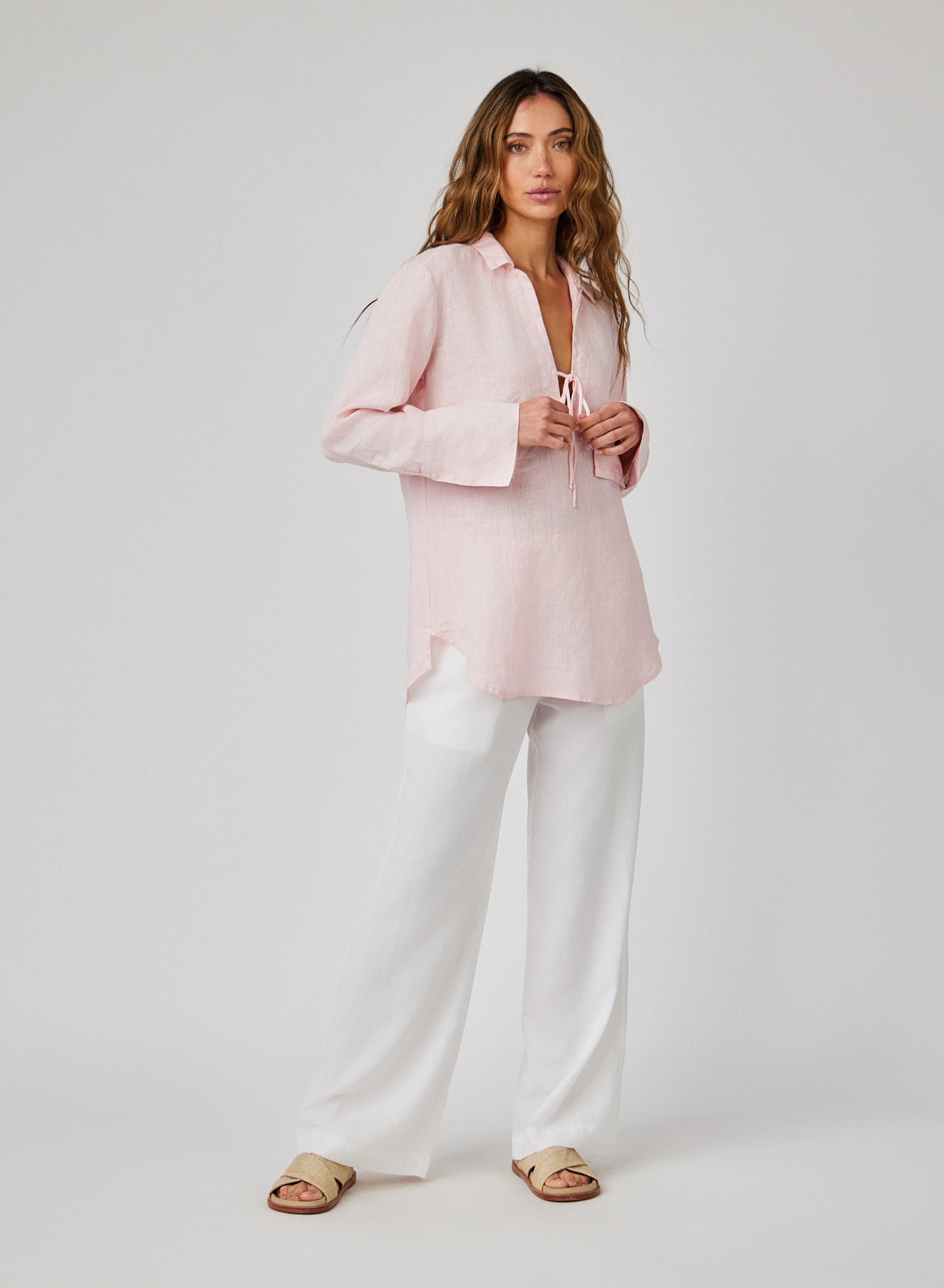 Linen Tie Neck Tunic - Pastel Pink Women's Blouse | Casual Summer Dress, Beach Cover Up & Boho Chic Outfit