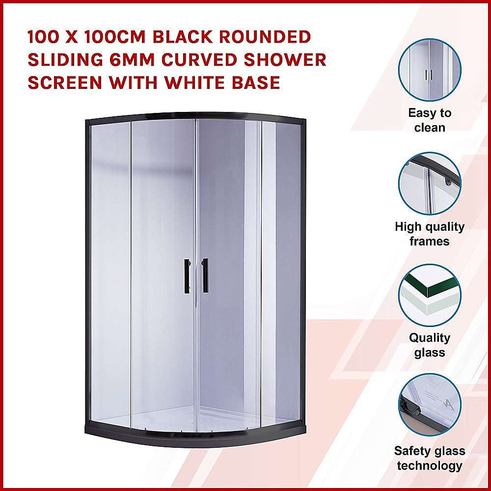 6mm Black Rounded Sliding Curved Shower Screen 100x100cm with White Base - Perfect for Modern Bathroom, Spa & Luxury Shower Enclosures