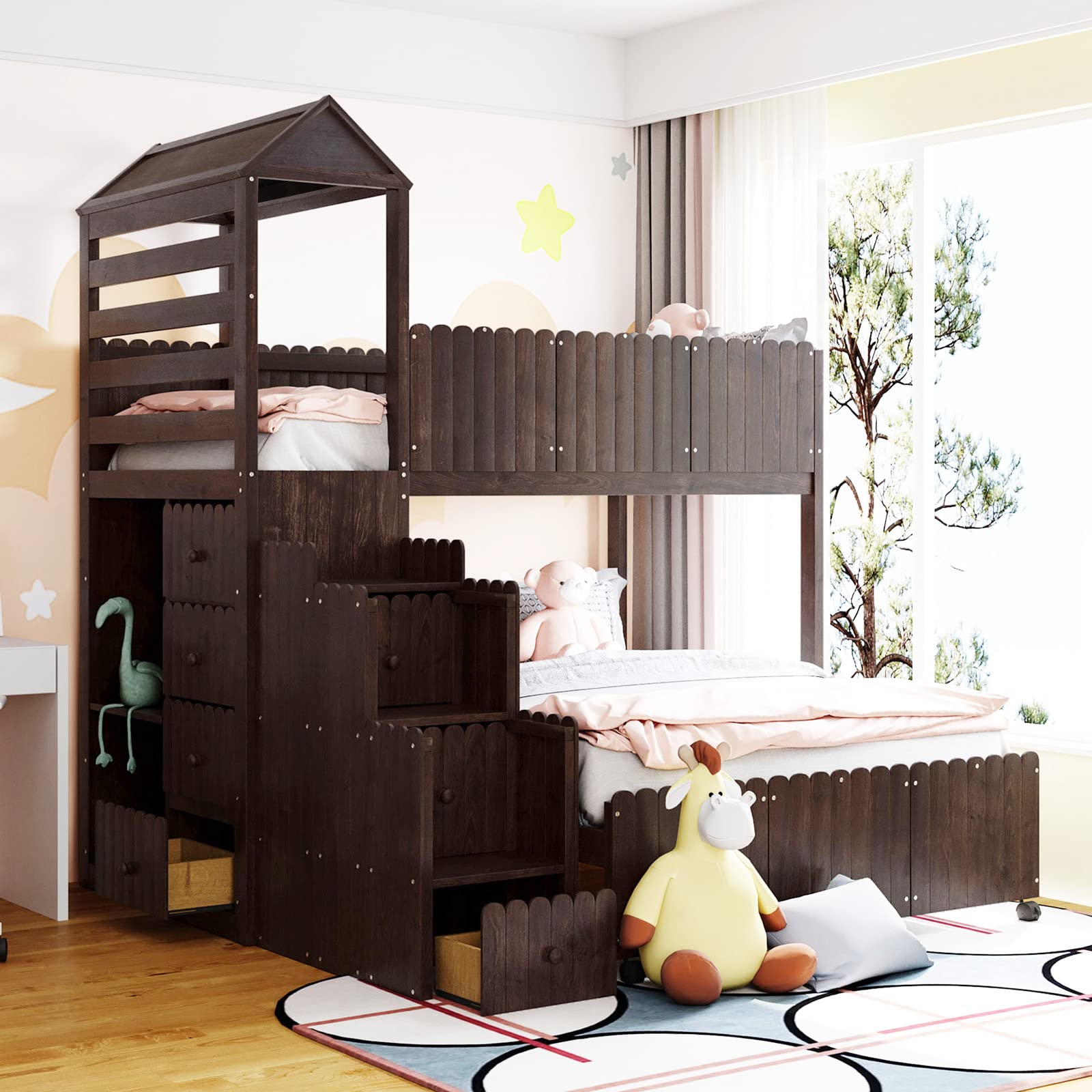 Twin Over Full Bunk Bed with Stairs & 7 Storage Drawers - Wooden Loft Bed with 2 Shelves & Separate Platform - Space-Saving Kids Bedroom Furniture for Boys & Girls (Espresso Finish) - Perfect for Small Rooms, Shared Kids' Bedrooms & Vacation Homes