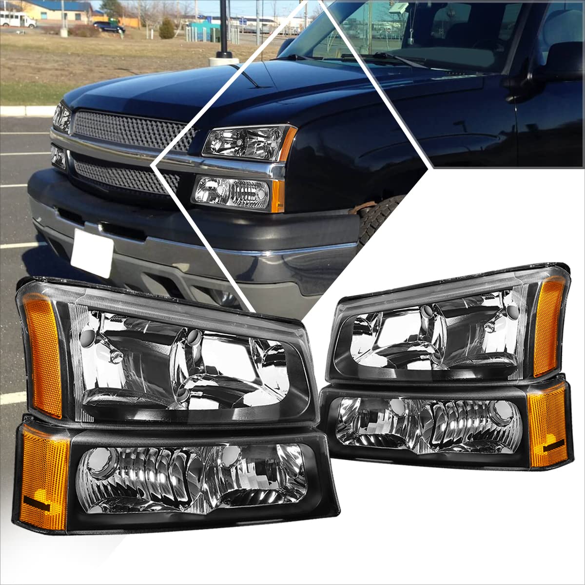Replacement Headlights & Bumper Lamps Assembly - Black Housing - Compatible with 2003-2006 Chevy Silverado & Avalanche - Durable LED Lights for Night Driving & Off-Road Adventures