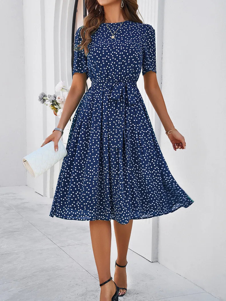 Elegant Women's Lace-Up Polo Dress - Short Sleeve Casual Dot Print Dress for Office & Summer 2024 | Perfect for Workwear, Business Casual & Spring Outfits