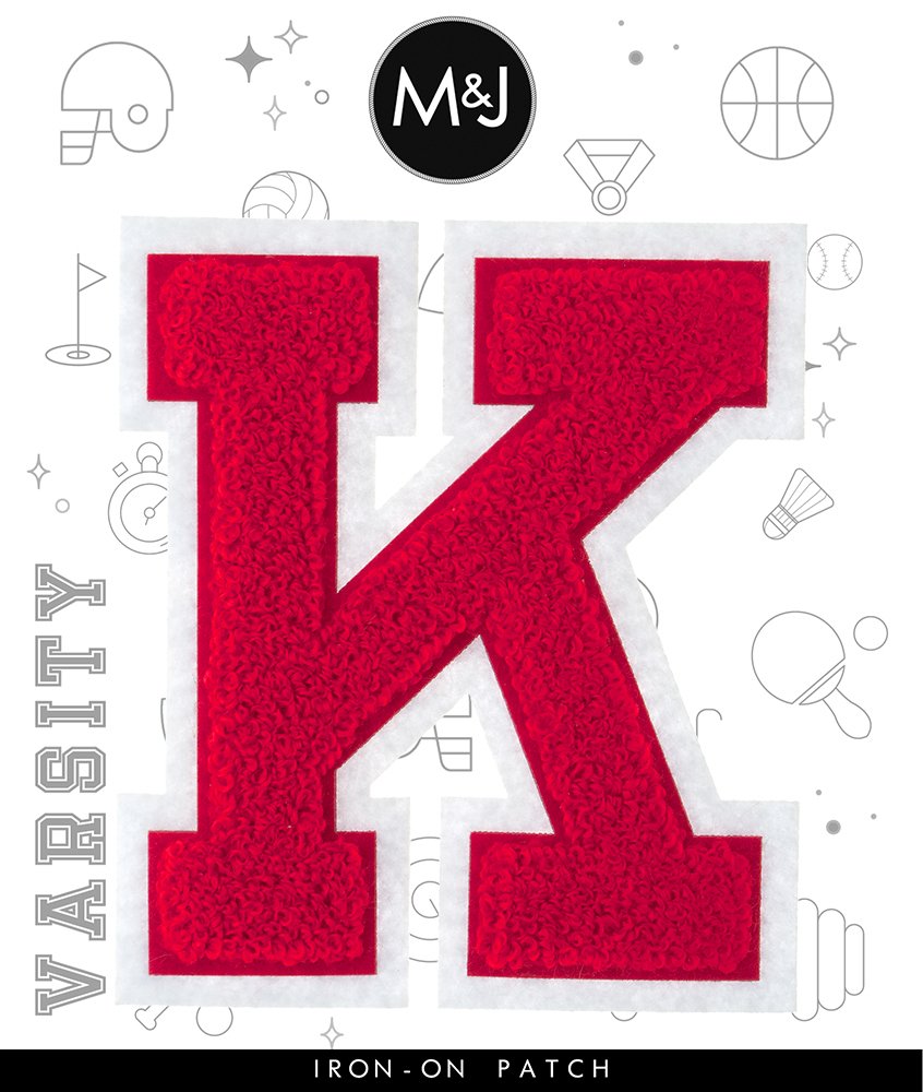 K - Red on White - 4.5 Inch Heat Seal & Sew On Chenille Varsity Letter Patch for Jackets, Bags & DIY Crafts