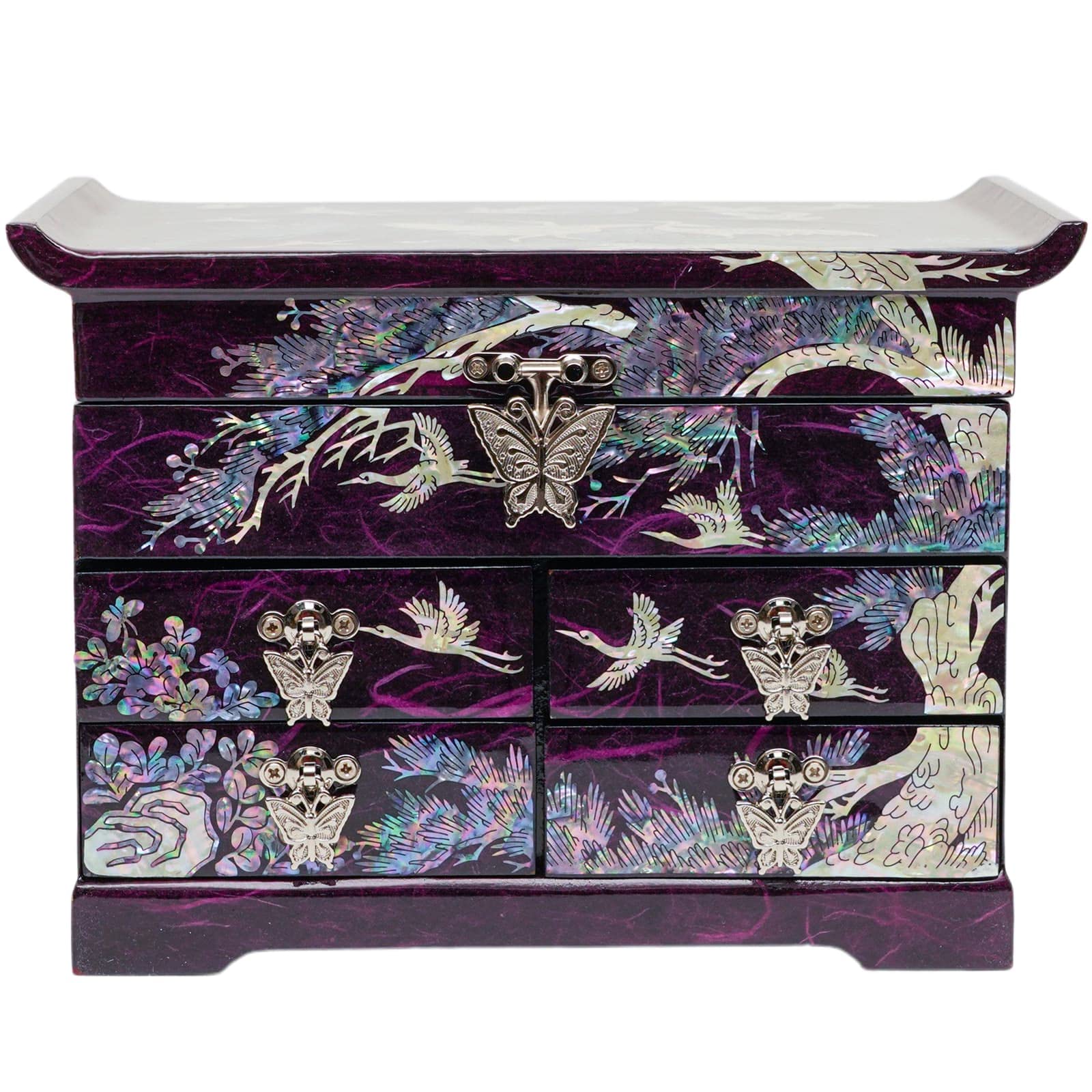 February Mountain Mother of Pearl Wooden Jewelry Organizer Box - Spacious Jewelry Storage for Women with Multiple Drawers | Perfect for Rings, Bracelets, Watches, Necklaces & Accessories | Elegant Home Decor & Gift Idea (Crane Purple)