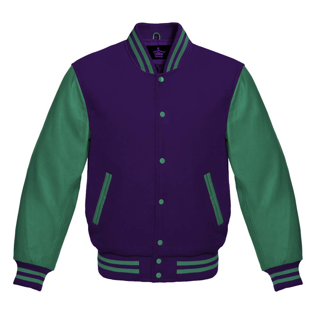 Varsity Jacket Baseball Letterman Bomber Jacket - Purple Wool with Genuine Green Leather Sleeves for Men & Women | High School, College, Sports Team, Casual Outfit, Vintage Style Fashion