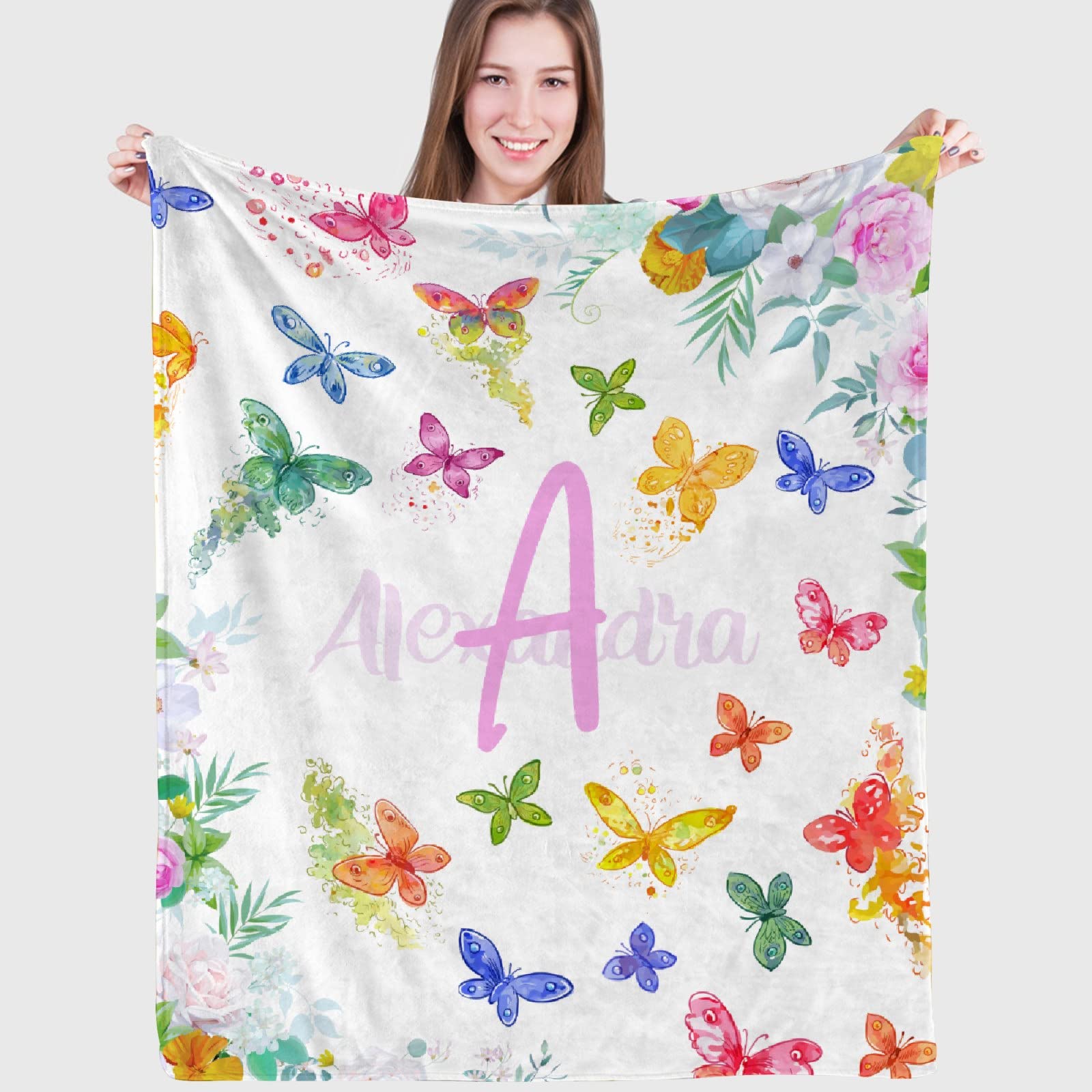 Personalized Baby Blanket with Name - Custom Fleece Flannel Blanket for Girls & Boys - Colorful Butterfly Design - XL 120
