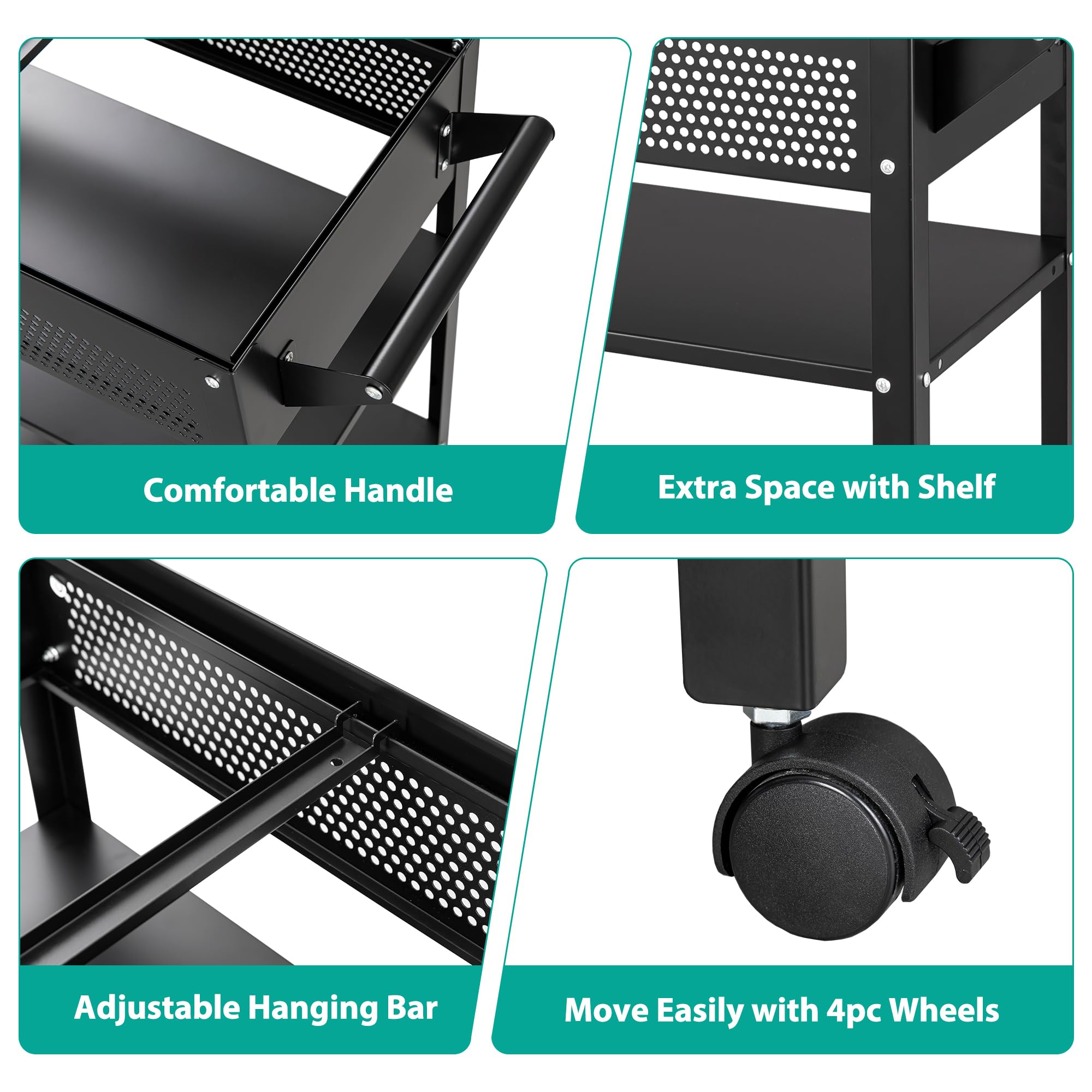 Black Mesh Rolling File Cart with Wheels - Hanging File Organizer Cabinet for A4/F4/Letter/Legal Files - Mobile Metal Filing Storage Cart for Home Office & Workspace Organization (Ideal for Documents, Office Supplies & Stationery Storage)