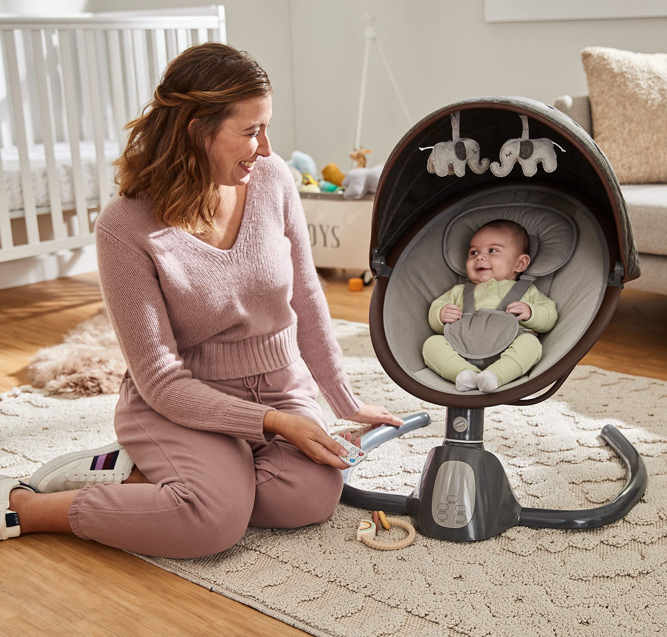 Safety 1st 5-in-1 Bluetooth Baby Swing with Digital Touch Screen & Remote Control - Gentle Rocking Motion for Newborns & Infants - Perfect for Nursery, Bedroom & Travel Use