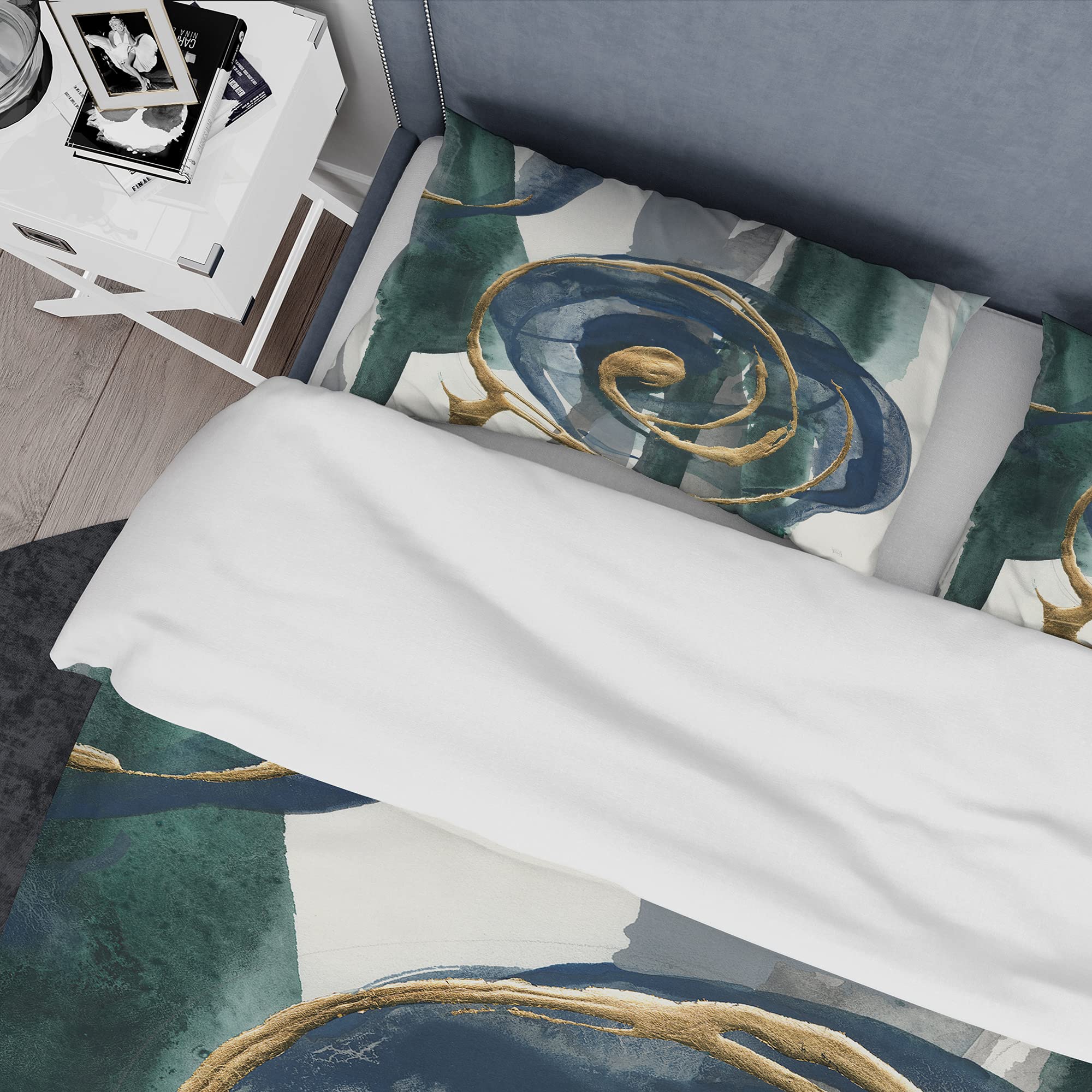 Modern Metallic Indigo & Gold Duvet Cover Set King - Abstract Bedding for All Seasons