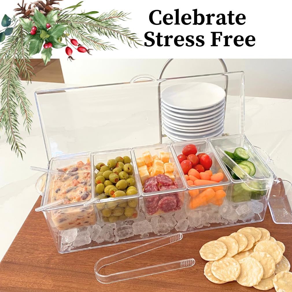 Evelots 5-Compartment Condiment Server with Hinged Lid | Plastic Garnish Serving Tray | Includes 7 Utensils | Perfect for BBQs, Picnics, Parties & Outdoor Dining | Chilled Food Storage Container for Sauces, Dips & Toppings