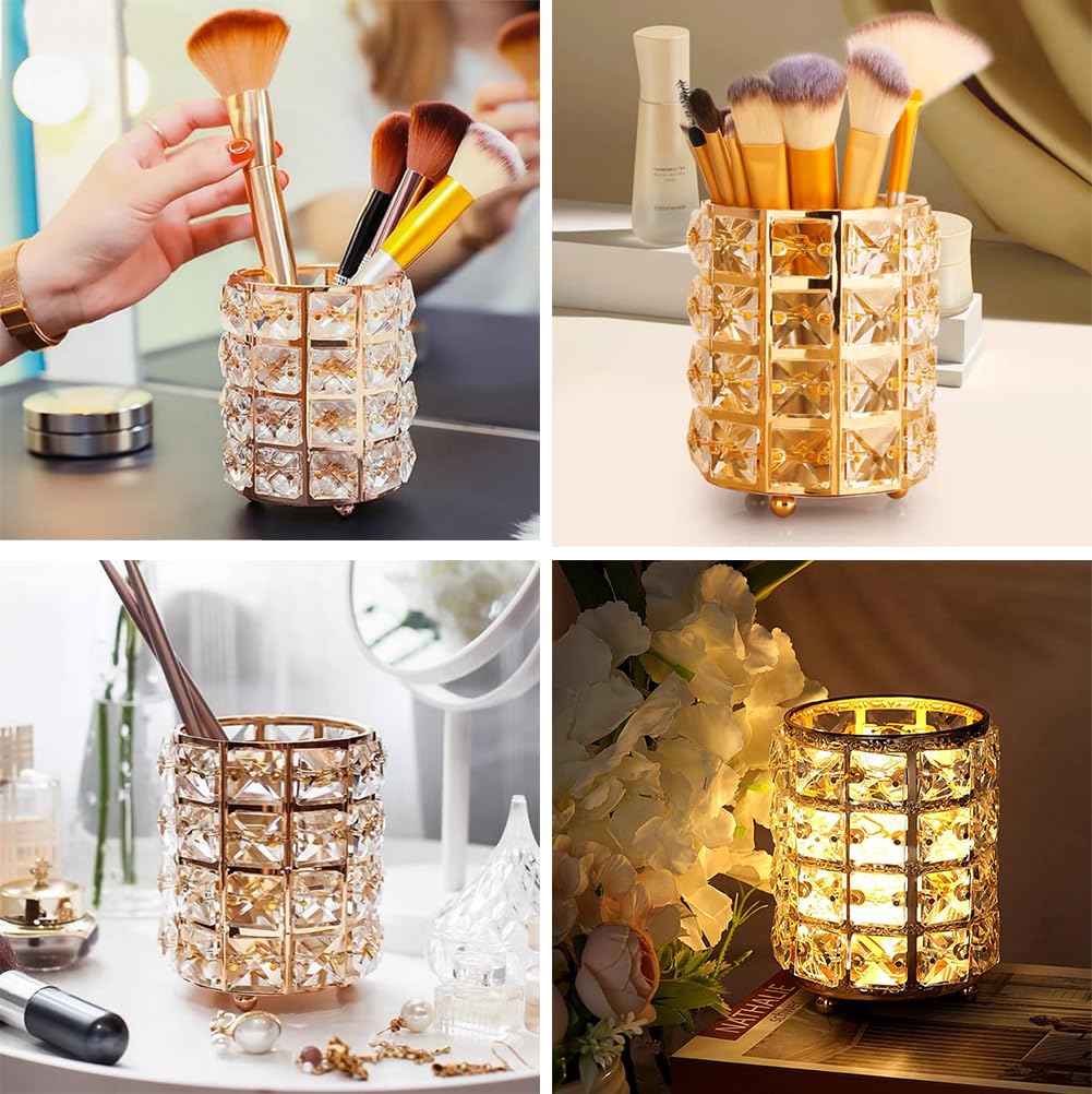 AKOAK 1 Pack Crystal Makeup Brush Holder - Gold Cosmetic Organizer for Eyebrow Pencils, Lipsticks & Makeup Tools | Perfect for Dressing Table, Bedroom, Office & Travel Storage