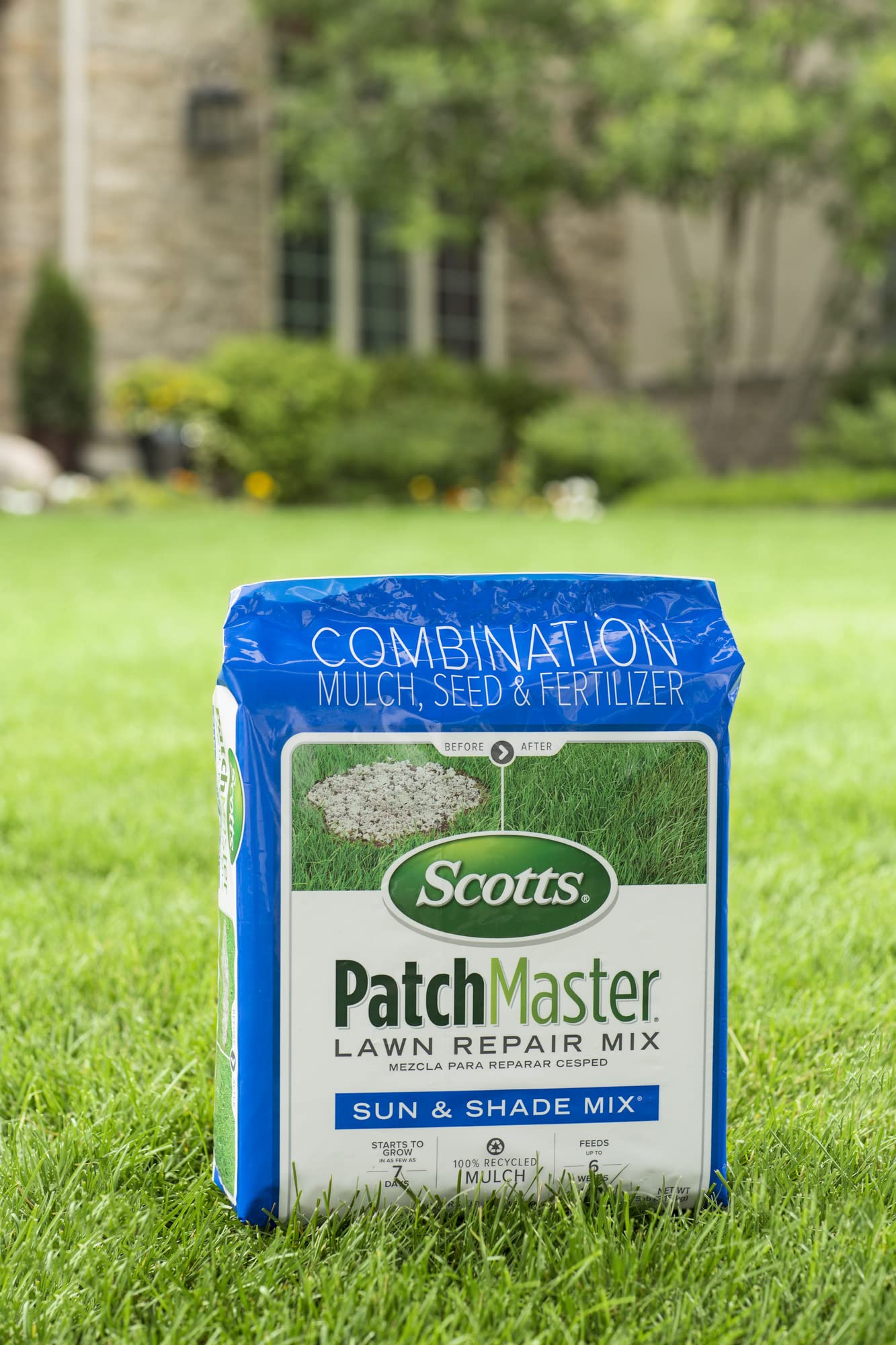 Scotts PatchMaster Sun & Shade Lawn Repair Mix - 4.75 lb Bag with Grass Seed, Fertilizer & Mulch for Fast Lawn Repair - Perfect for Bare Spots, Dog Damage & High Traffic Areas in Yards