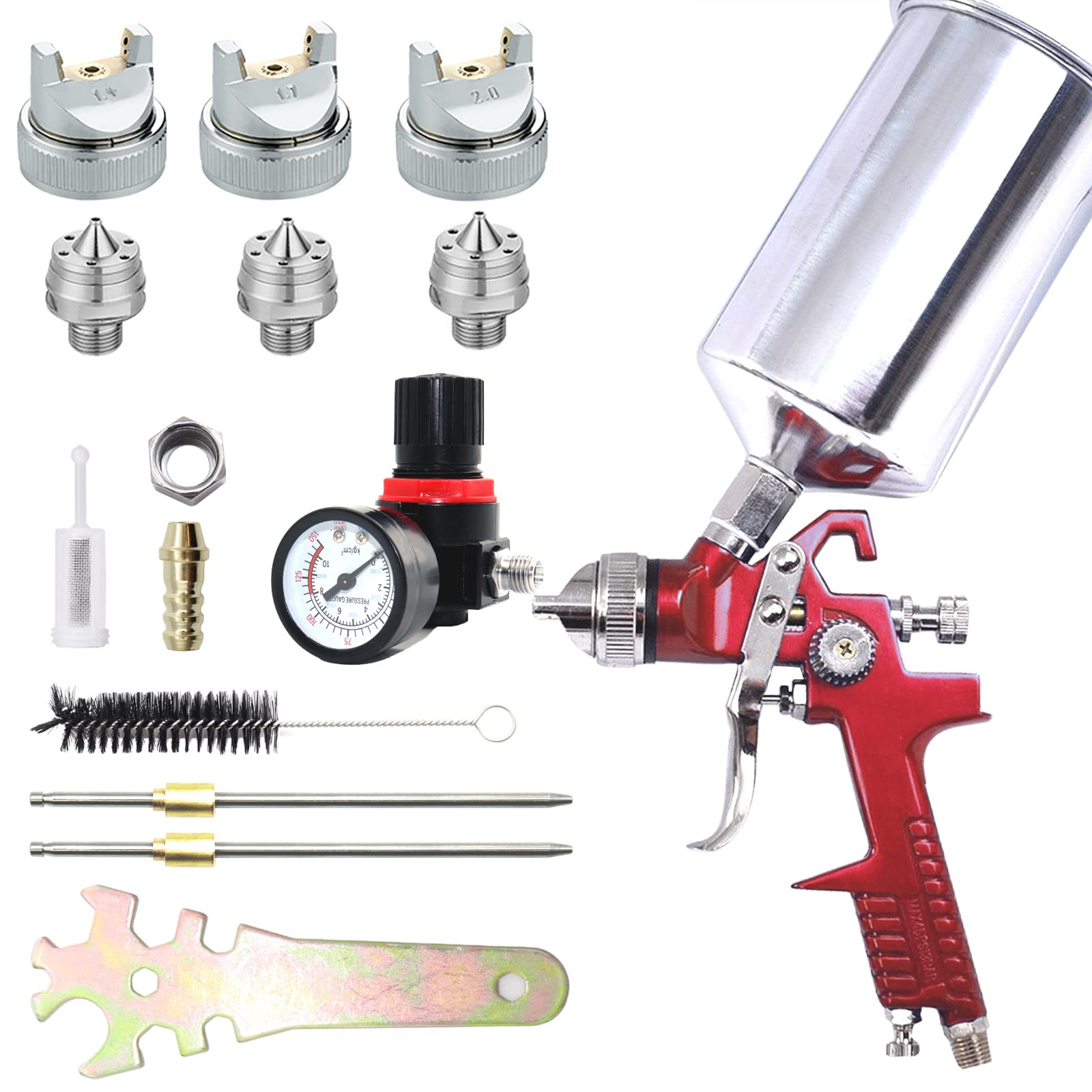 Professional HVLP Gravity Feed Spray Gun Kit with 1.4mm/1.7mm/2.0mm Nozzles - 1000cc Aluminum Cup & Air Gauge for Auto Painting, Primer, Clear/Top Coat - Perfect for Automotive Refinishing, Furniture Painting & DIY Projects