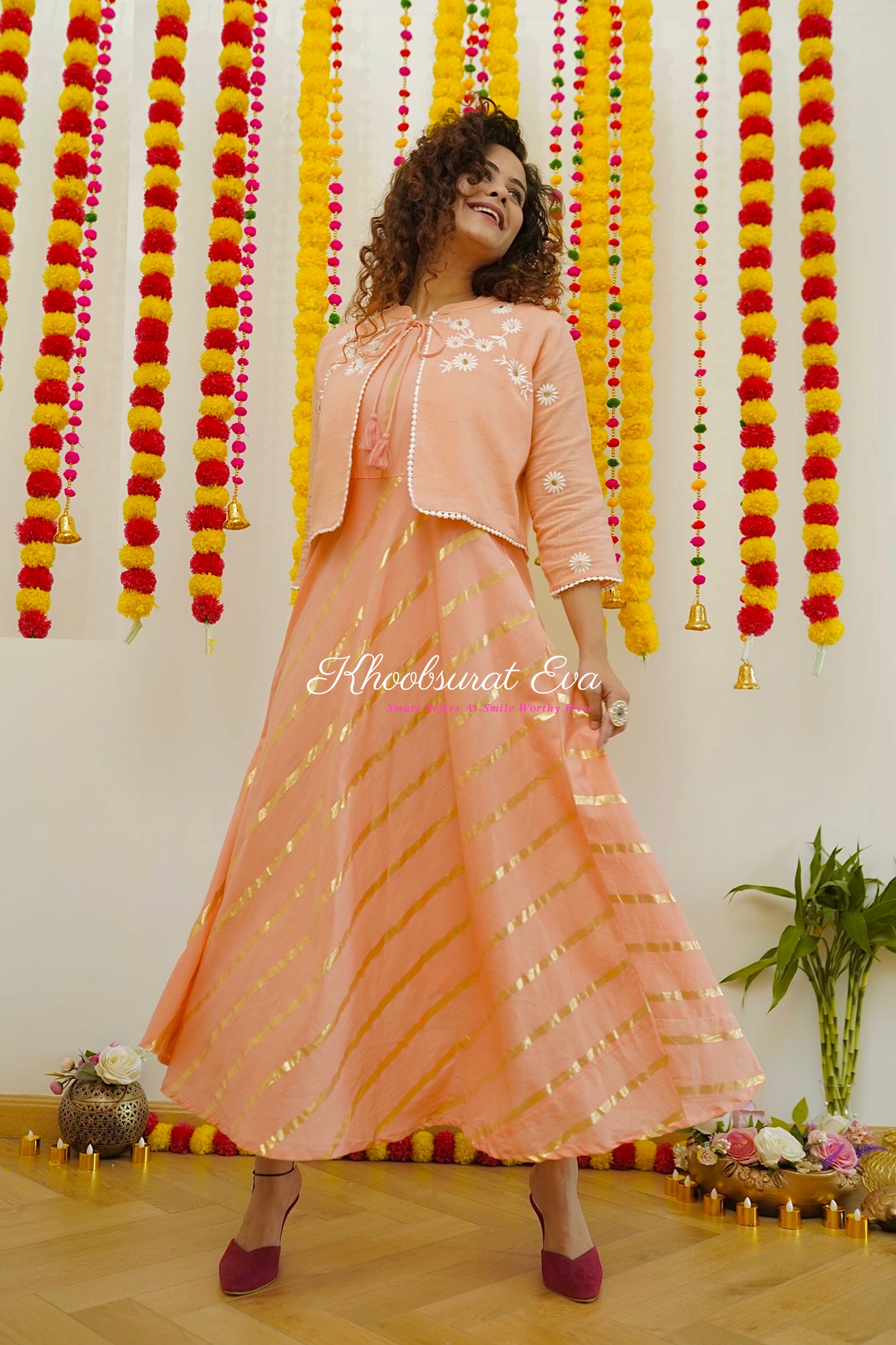 Elegant Peach & White Embroidered Jacket and Maxi Dress Set (2-Piece) - Perfect for Weddings, Parties & Special Occasions