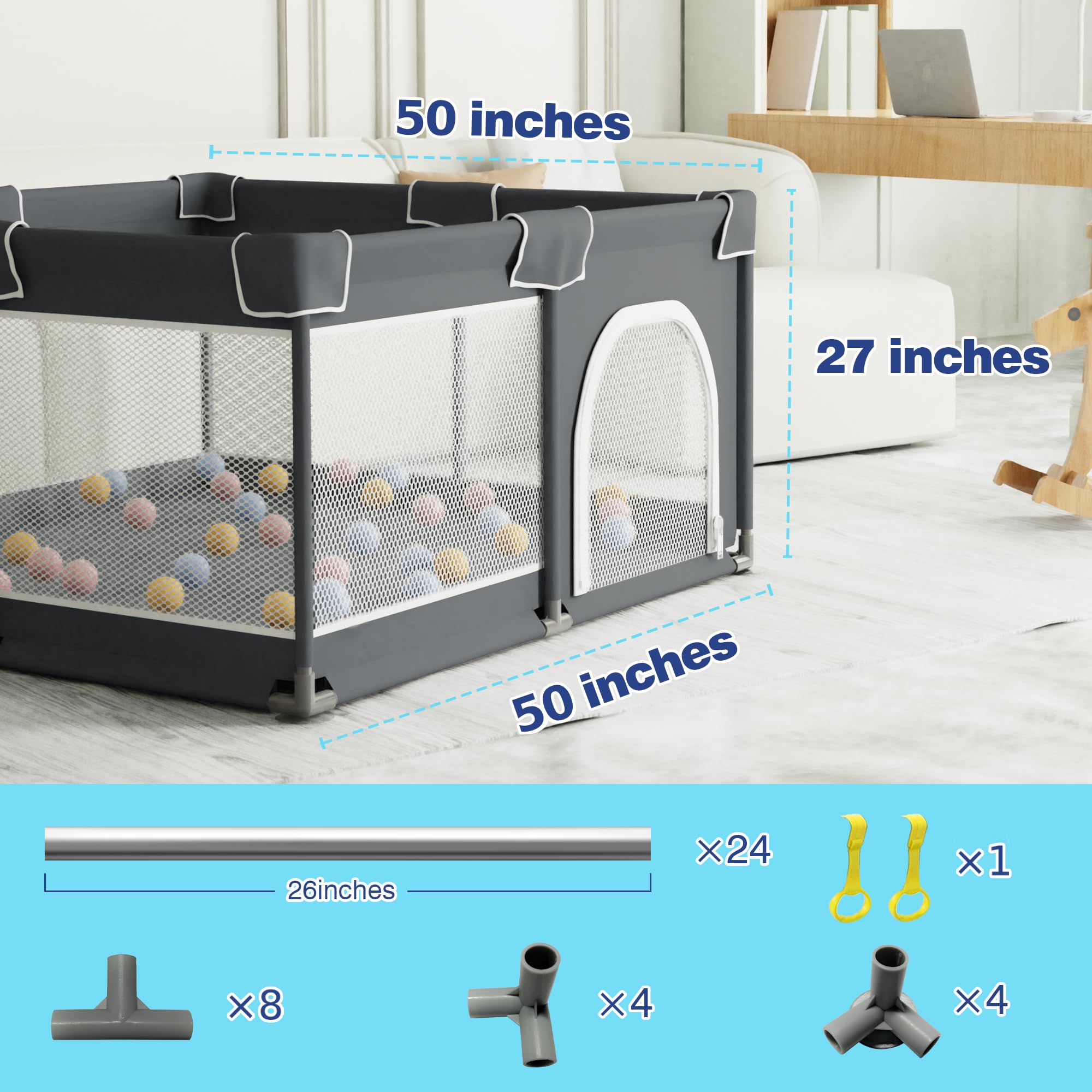 **Baby Playpen with Soft Mat - Large Playpen for Babies & Toddlers, Indoor & Outdoor Playard with Breathable Mesh & Sturdy Safety Gate - Perfect for Home, Nursery, Daycare & Travel (Grey)**