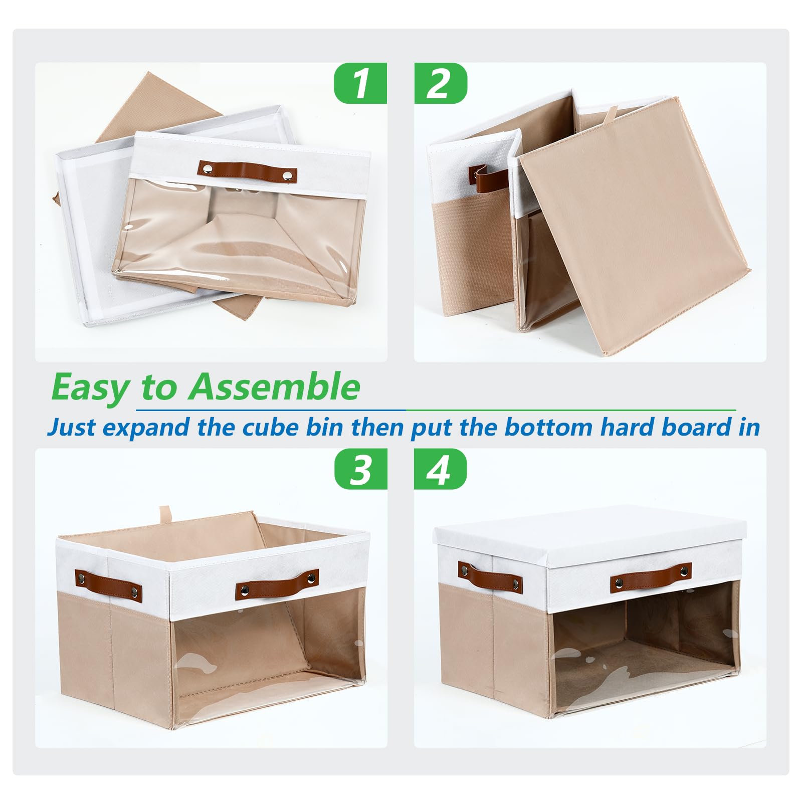 Bidtakay 4-Pack Collapsible Storage Bins with Lids & Clear Windows - 15 x 11 Inch Fabric Closet Organizer with Handles, Foldable Storage Baskets for Shelves, Clothes, Toys & Home Organization (White/Beige) - Perfect for Bedroom, Closet, Nursery & Office Storage Solutions