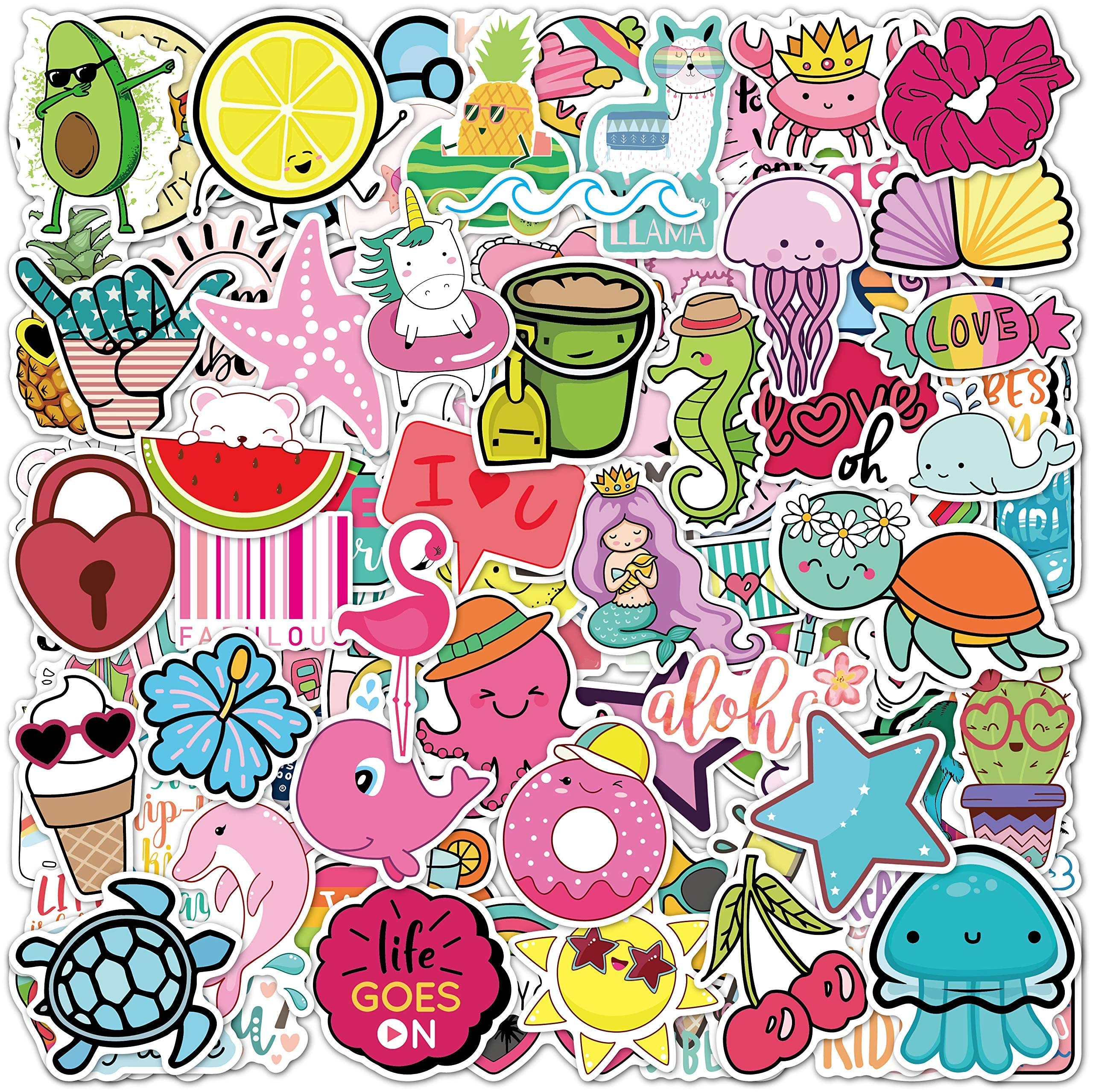 100 Pack Waterproof Vinyl Stickers for Kids - Cute Aesthetic VSCO Stickers for Water Bottles, Laptops, Journals | Beach Theme Decals for School Supplies, DIY Crafts & Room Decor