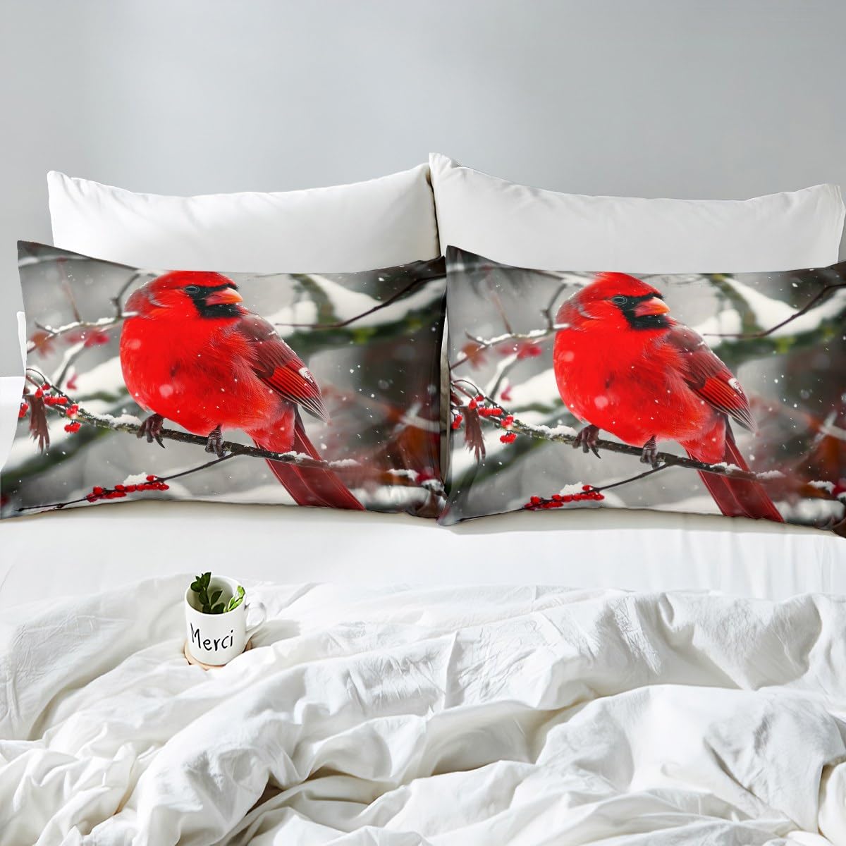 Erosebridal Red Cardinals Fitted Sheet Queen Size - Sparrows & Winter Tree Branch Design Bedding Set for Kids, Girls & Teens | Perfect for Michigan-Themed Bedroom Decor & Cozy Winter Nights