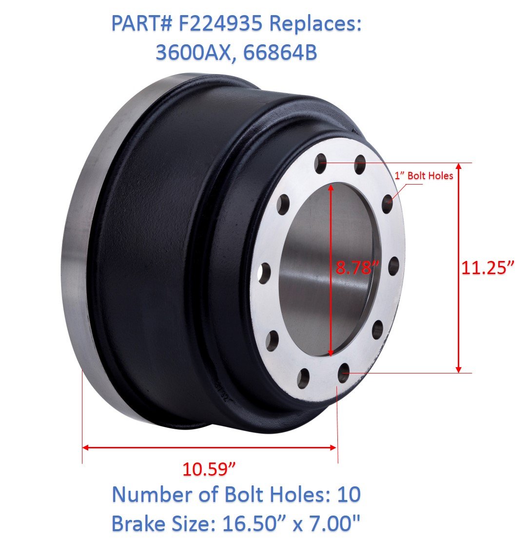 Fortpro 3600AX Rear Brake Drum for 16.50 x 7.00 Brakes with 8.78 Pilot HP Balanced | F224935 | Heavy-Duty Replacement for Trucks & Trailers | Perfect for Towing & Commercial Use
