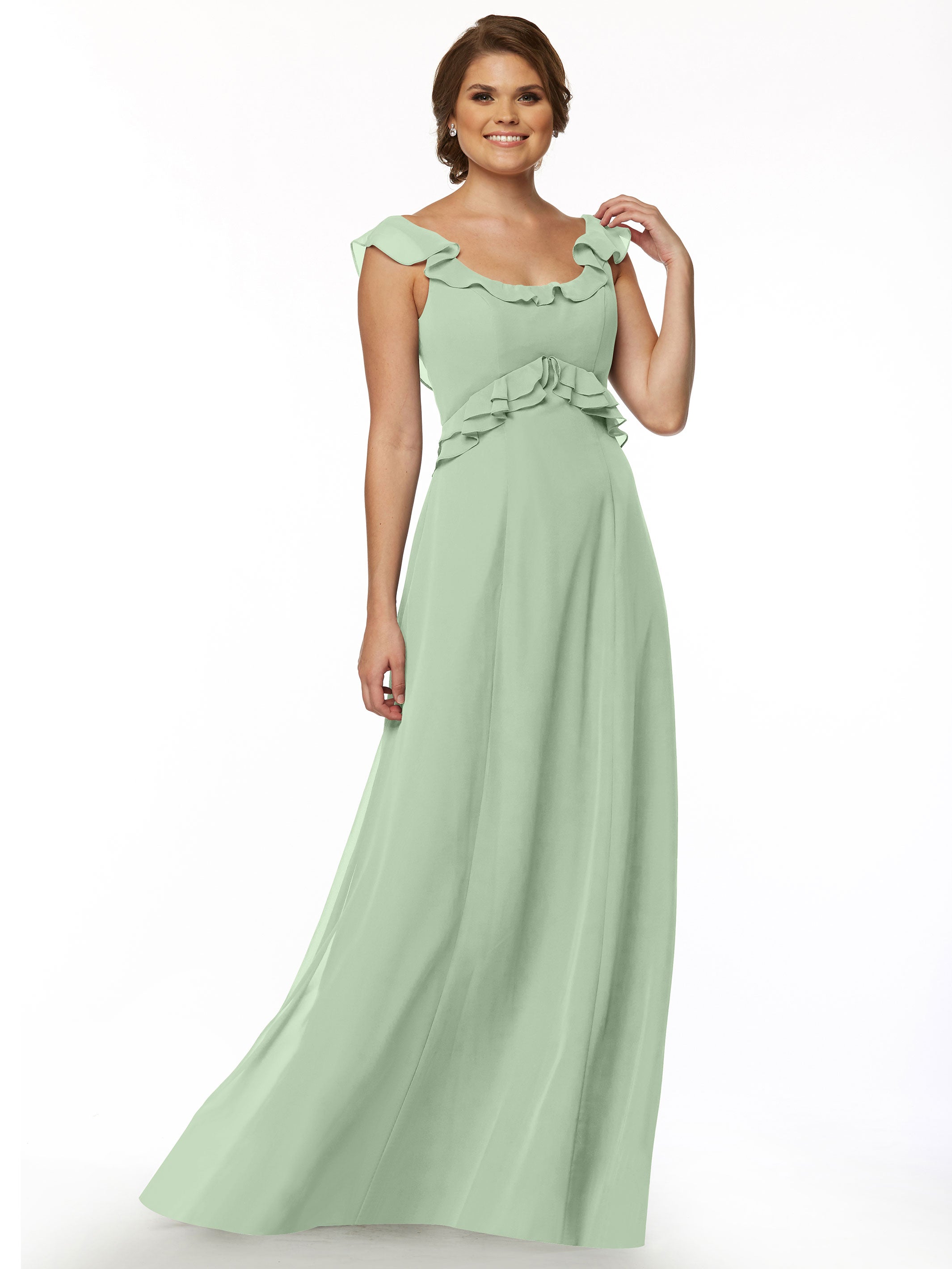 Elegant Off-the-Shoulder Chiffon Bridesmaid Dress with Ruffled Bodice - A-Line Flowy Wedding Party Gown for Formal Events, Prom & Special Occasions