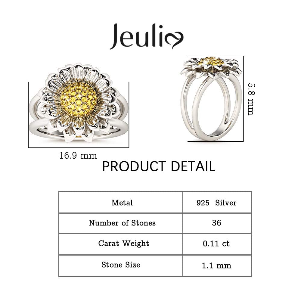 Jeulia S925 Sterling Silver Sunflower Daisy Ring for Women - Intertwined Hawaiian Flower Halo Engagement Ring Set - Bridal, Anniversary Jewelry Gift - Perfect for Weddings, Beach Vacations & Boho Fashion