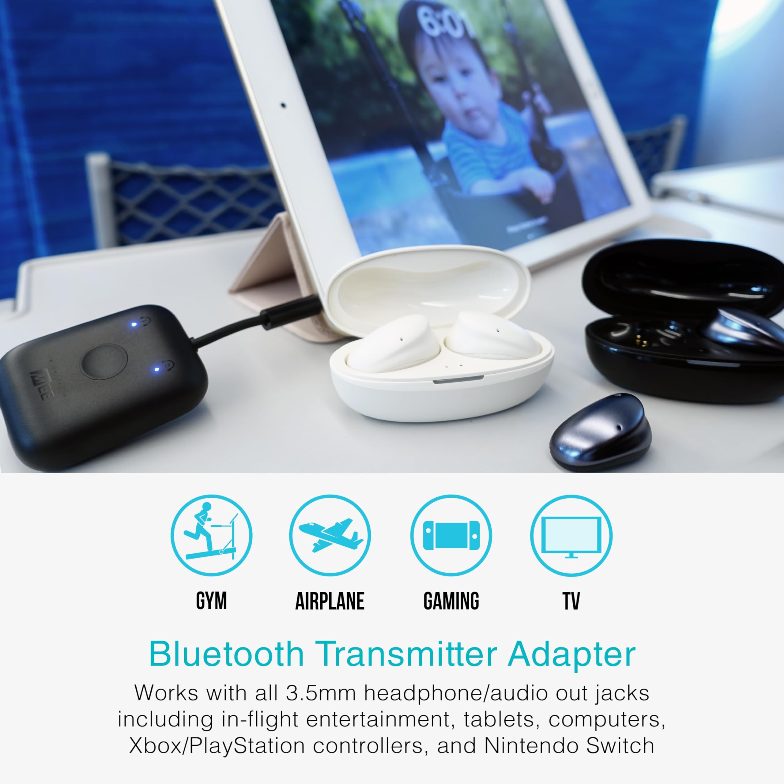 MEE Audio Connect Air (2 Pack) - Wireless Bluetooth Audio Transmitter for Airplanes, TVs & Gaming - Dual Pairing for 2 AirPods/Headphones - Compatible with All 3.5mm AUX Jacks - Perfect for Travel, Home Entertainment & Workouts (Black & White)