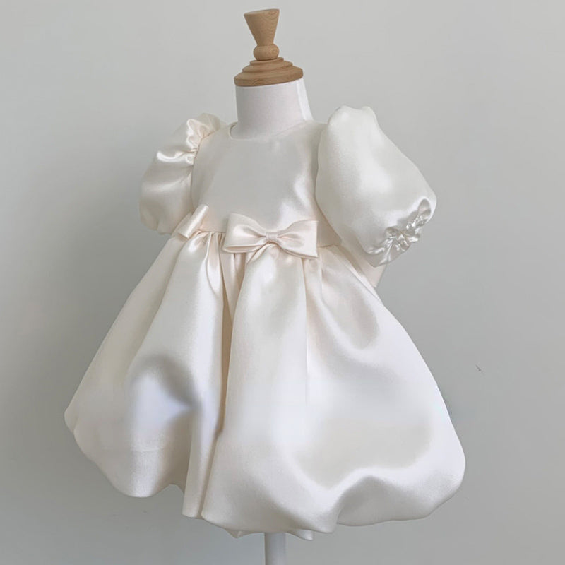 Elegant Baby Girl White Puff Sleeve Bow Cake Dress - Toddler Party Dresses for Birthday, Christening & Special Occasions