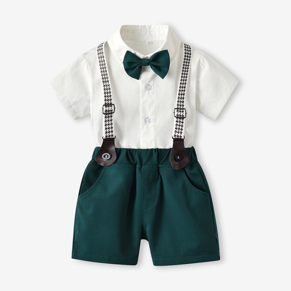 Baby Boys' Short Sleeve Bow Shirt & Bib Shorts 2-Piece Outfit Set - Cute Casual Summer Playtime & Photo Outfits for Infants