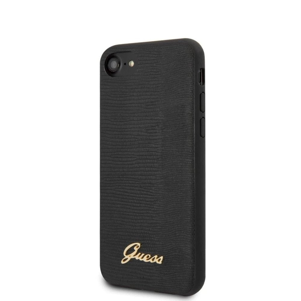 GUESS iPhone SE2/8/7 Hard Case - Black PU Leather with Lizard Pattern Design | Slim Protective Phone Cover for Everyday Use, Work & Travel