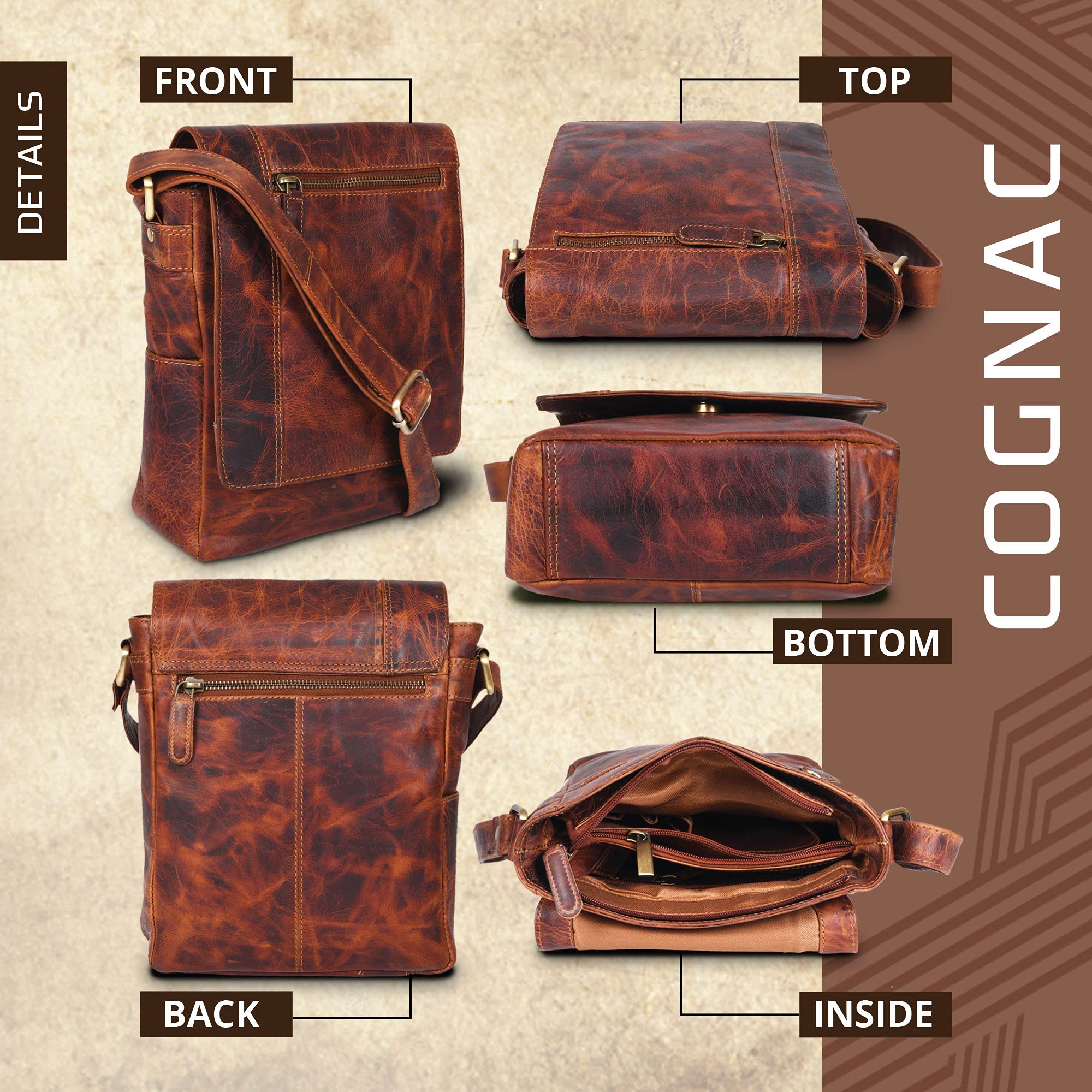 VALENCHI Genuine Leather Crossbody Messenger Bag for Men & Women - Medium Size Unisex Shoulder Bag - Durable Travel Purse for Work, Commuting & Daily Use