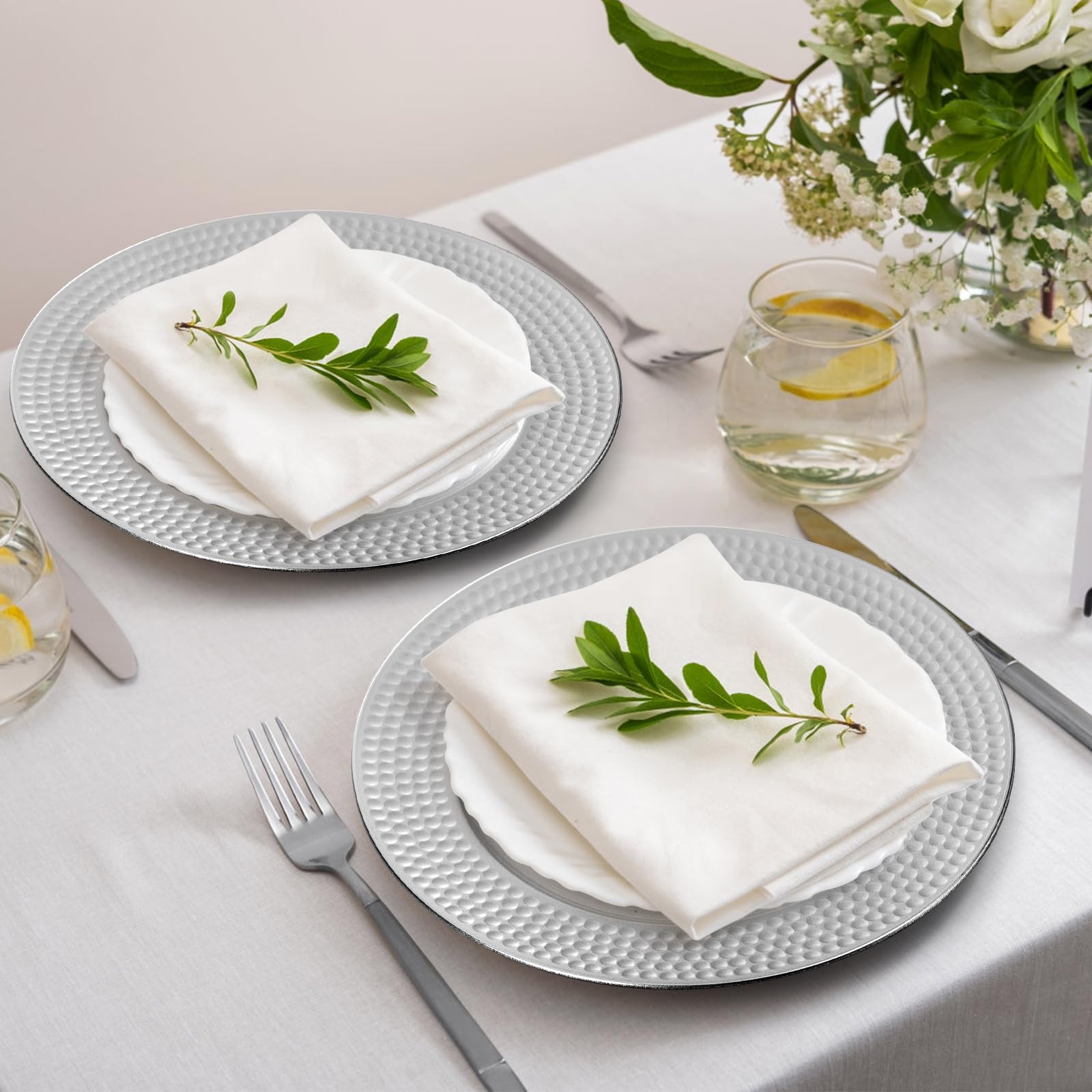 Nicunom 12-Pack Silver Plastic Charger Plates Set - 13 Inch Round Decorative Dinner Plates with Hammered Rim for Wedding, Party & Special Events - Perfect for Table Settings, Buffet Displays & Holiday Decorations