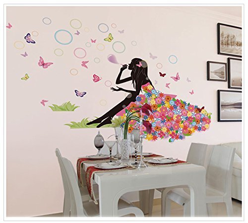 Butterfly Wall Decals for Girls Room - 52x35 Inch Flower Fairy Princess DIY Bedroom Stickers, Blowing Bubbles & Dresses Design - Perfect for Nursery, Kids Bedroom Decor & Birthday Party Backdrop
