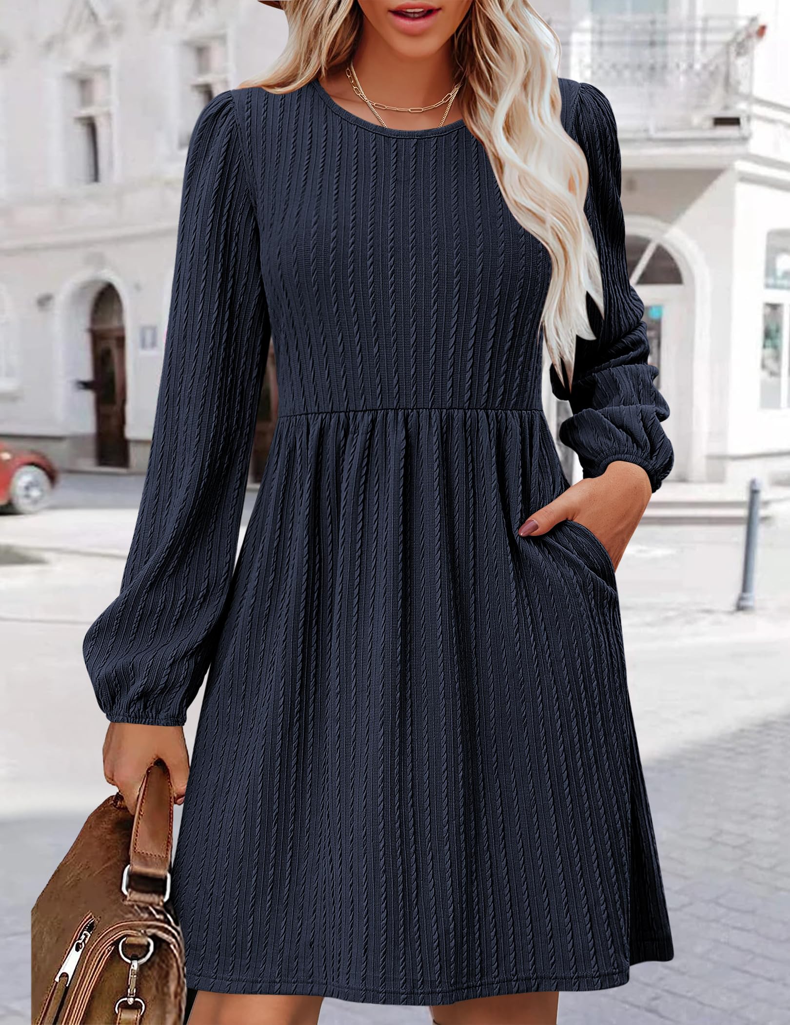 Zeagoo Women's Casual Knit Sweater Dress with Pockets - Crew Neck Long Sleeve A-Line Fall Dress 2024 | Cozy Office Wear, Autumn Date Outfit, Holiday Party Dress