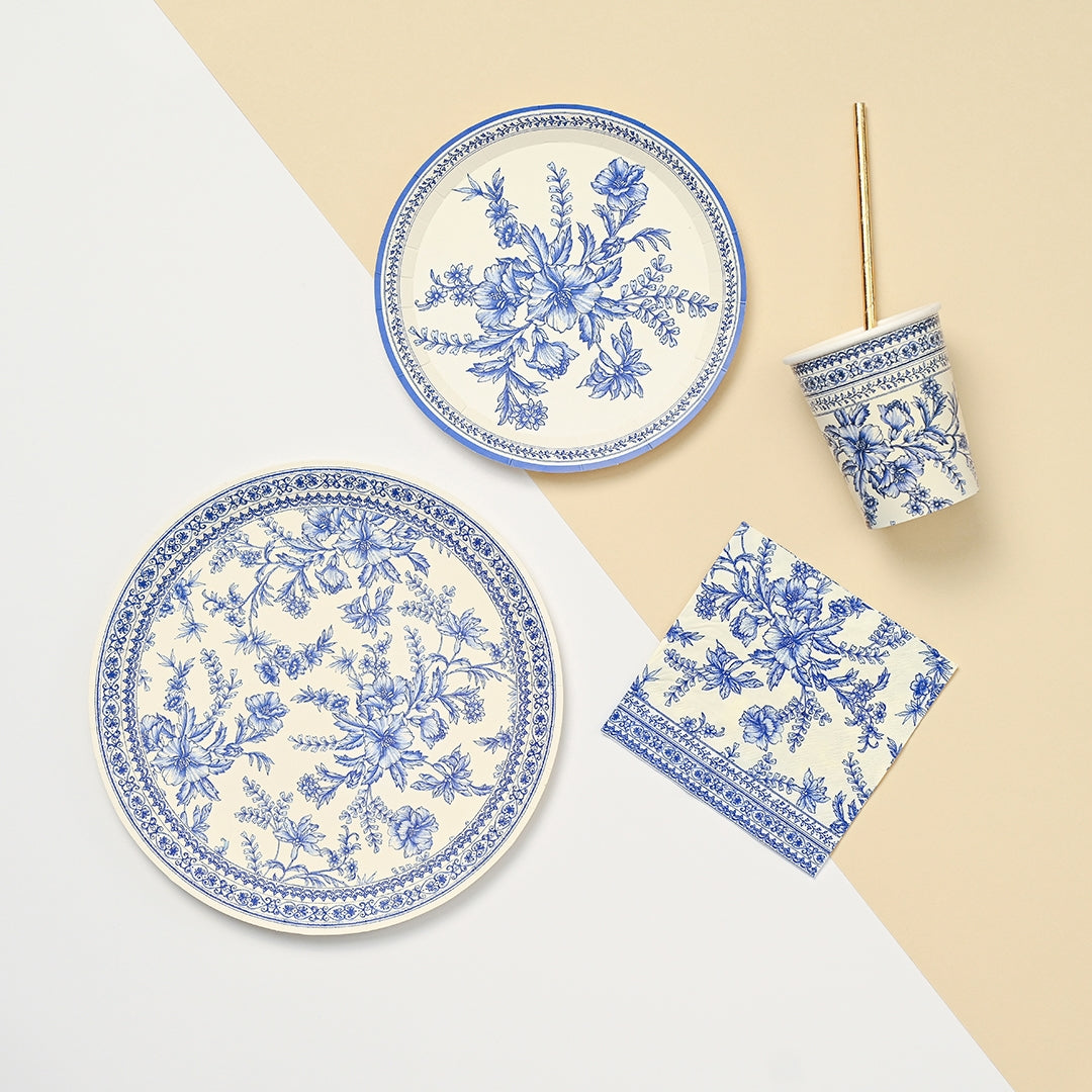 Blue French Toile Paper Party Plates - Elegant Floral Design Disposable Dinnerware for Wedding, Baby Shower & Bridal Shower Decorations - Perfect for Outdoor Picnics and Garden Parties