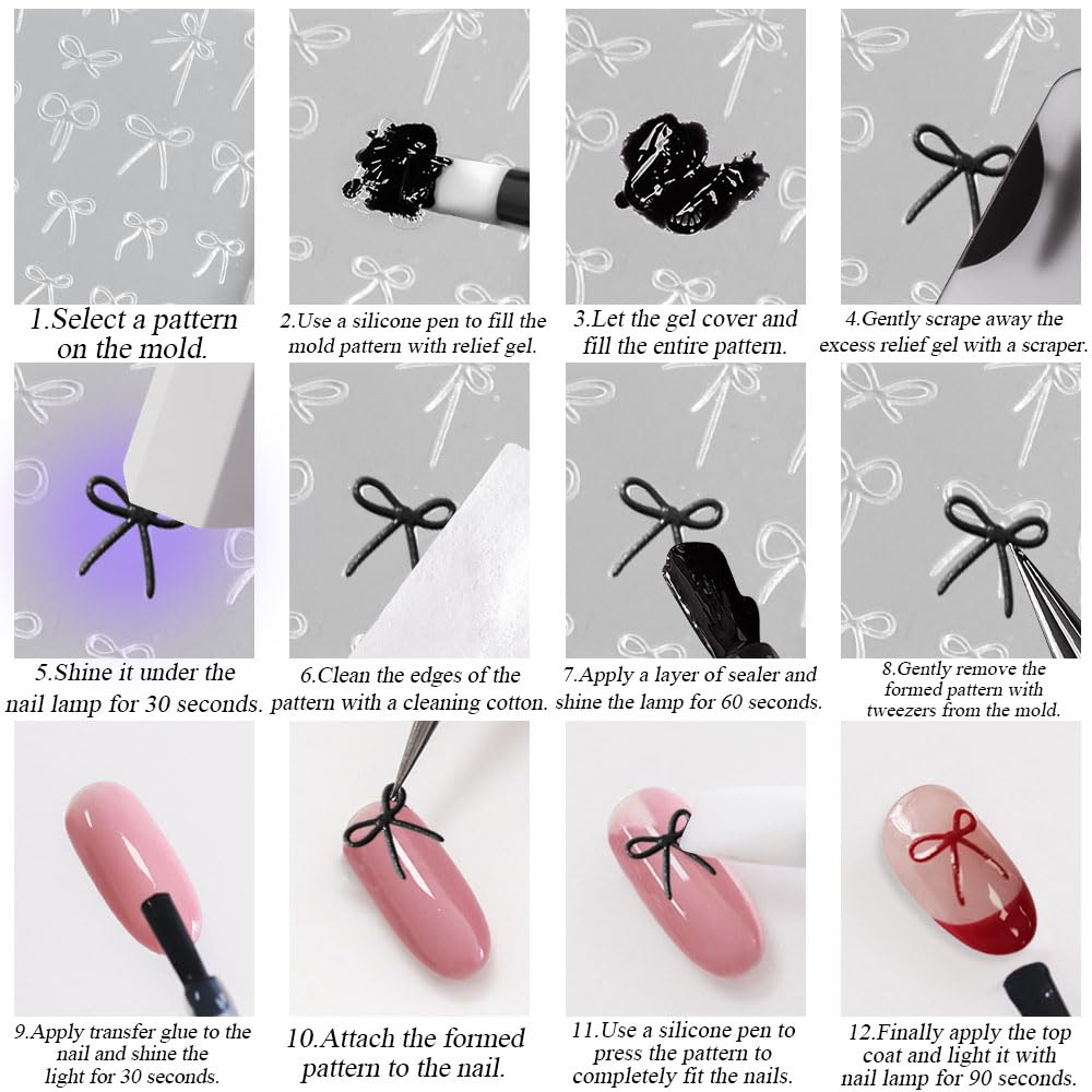 3D Bow Nail Charms Silicone Mold - DIY Embossed Bowknot Nail Art Design with Scraper for Gel Polish, Acrylic Nails - Perfect for Manicure, Pedicure & Nail Salon Decorations
