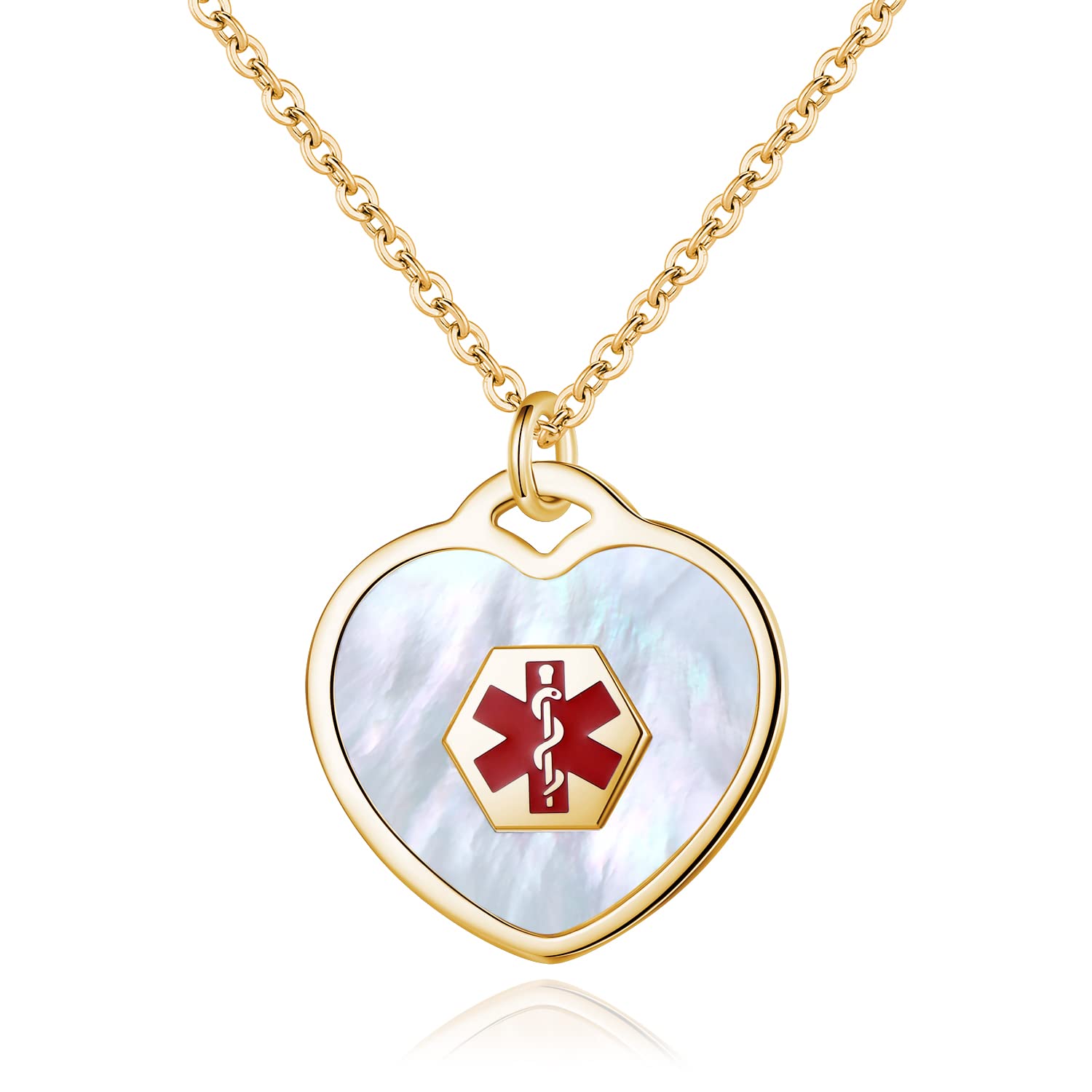 LinnaLove Custom Medical Alert Necklace for Women - Pearl/Shell Heart Medical ID Pendant with 24