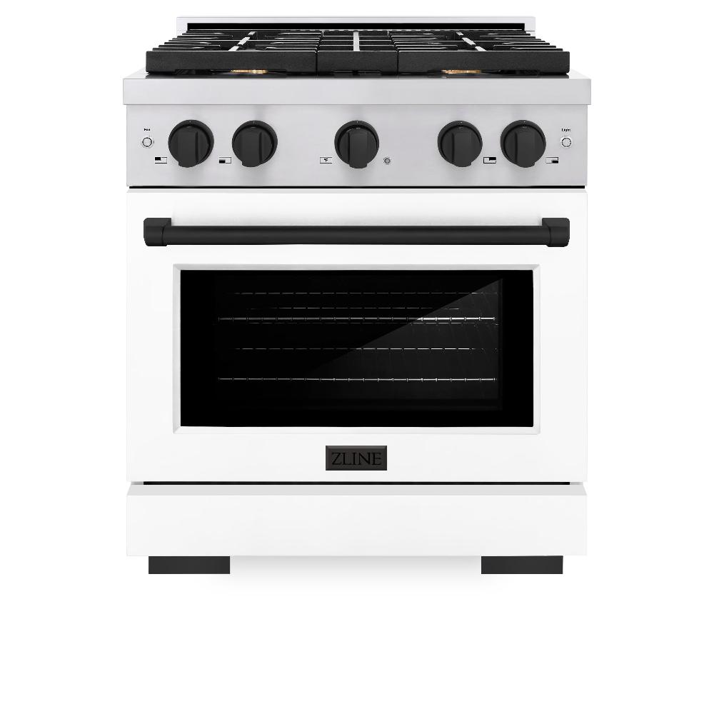 ZLINE Autograph Edition 30-inch 4.2 cu.ft Dual Fuel Range - Stainless Steel Gas Cooktop with 4 Burners & Electric Convection Oven - White Matte Door & Matte Black Accents (SDRZ WM 30 MB) - Perfect for Modern Kitchens, Home Chefs & Professional Cooking