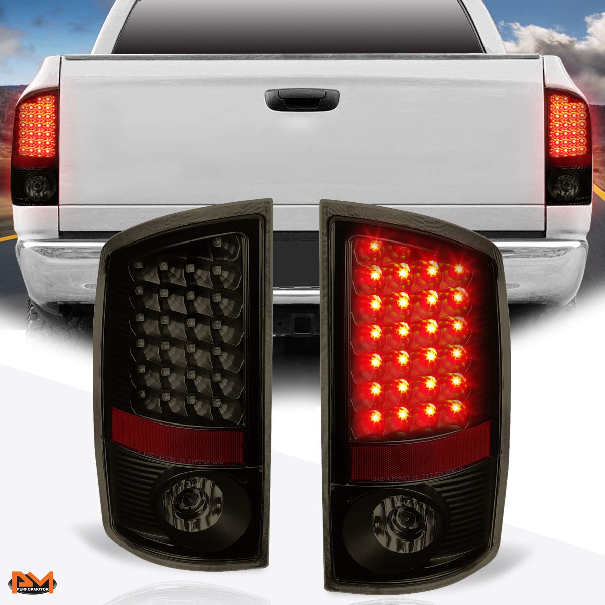 PM PERFORMOTOR Full LED Tail Lights Brake Lamps Assembly for 02-06 Dodge Ram - Black Housing & Smoked Lens - High Visibility & Durable for Night Driving & Off-Road Adventures
