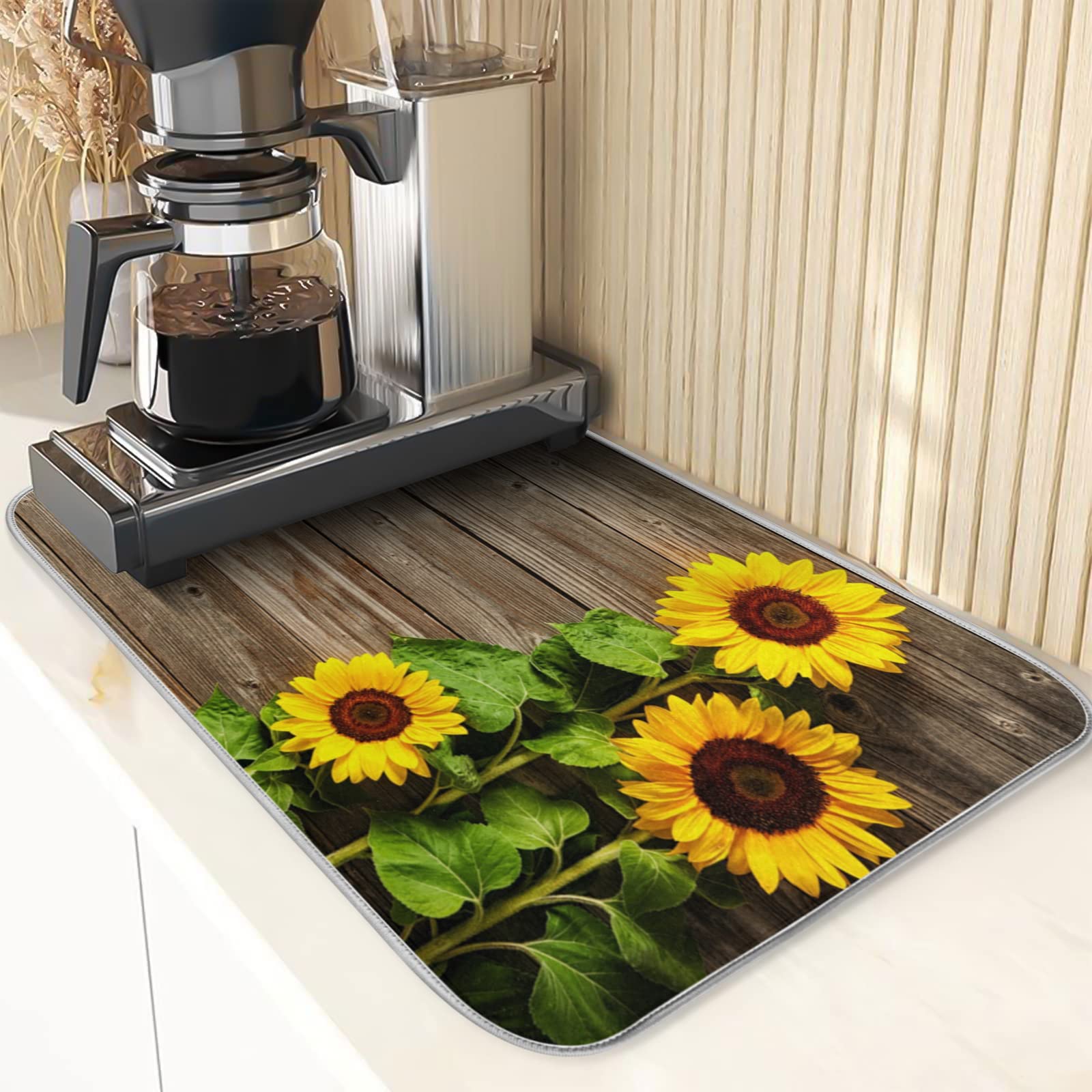 Sunflower Wood Print Coffee Bar Mat - 16x18 Inch Absorbent Dish Drying Pad for Coffee Maker, Espresso Machine & Dish Rack - Perfect for Home Kitchen Countertop & Coffee Station Accessories