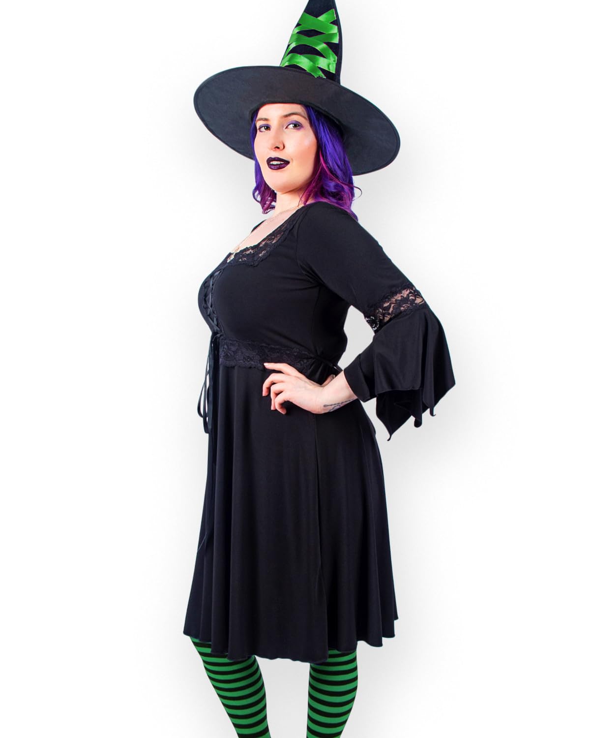 Gothic Sorceress Costume Set - Witch Hat with Ribbons, Pentagram Necklace, Striped Tights & Black Renaissance Dress for Women | Perfect for Halloween, Cosplay, Renaissance Fairs & Gothic Parties