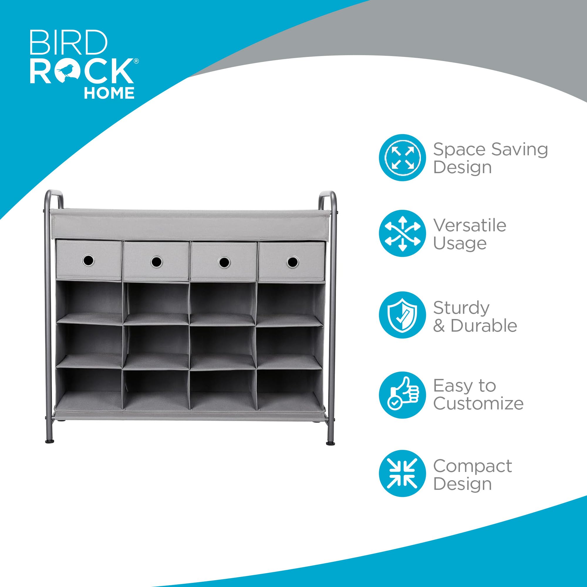 16-Cubby Shoe Rack with 4 Drawers - Space Saving Metal Cabinet for Bedroom & Entryway - Grey