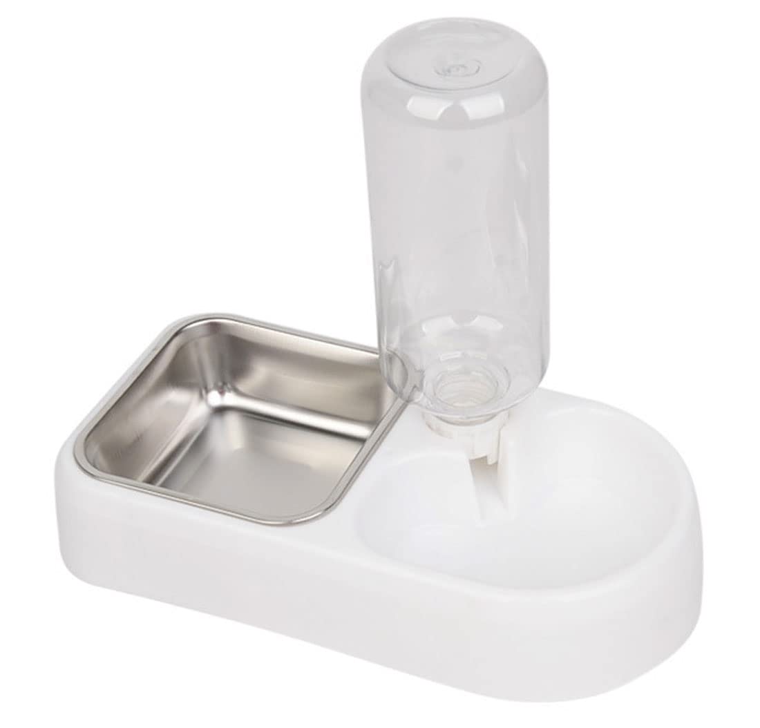 Fuwok Hanging Double Pet Bowls - Stainless Steel Cat & Small Dog Food & Water Bowl Set with Auto Dispenser, No-Spill Design for Cages, Travel & Home Use (White)